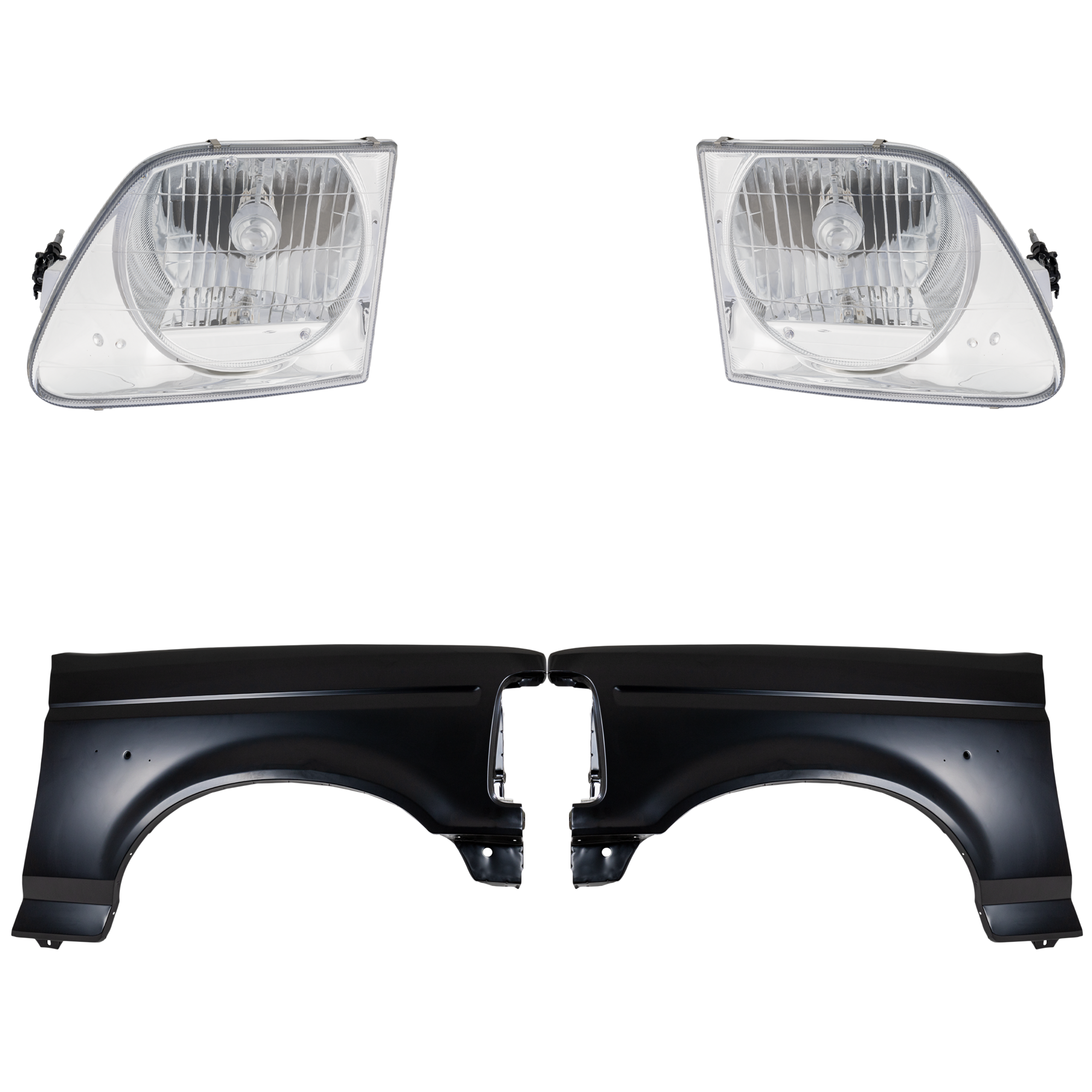 AM F 150 F 250-97-97 FRONT FENDER RH AND LH Primed 4 pc Kit with Headlights SKU KIT 022423-82003 Partslink FO1240138 FO1241136 FO2502182 FO2503182 OEM F2TZ16005A F4TZ16006A 3L3Z1300