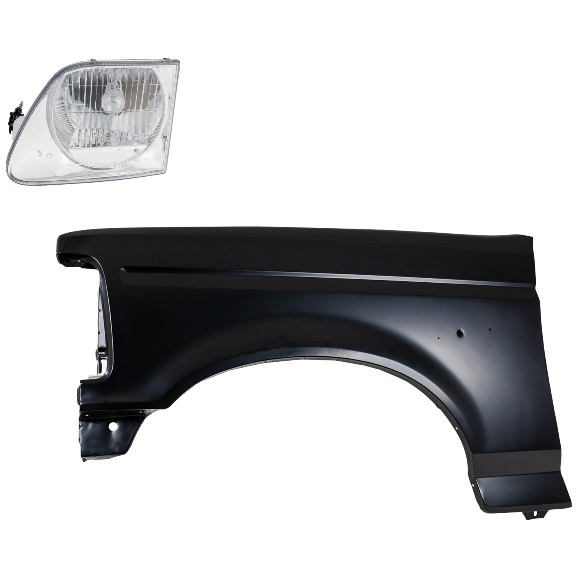 AM F 150 F 250-97-97 FRONT FENDER LH Primed 2 pc Kit with Headlight SKU KIT 022423-82005 Partslink FO1240138 FO2502182 OEM F4TZ16006A 3L3Z13008FA