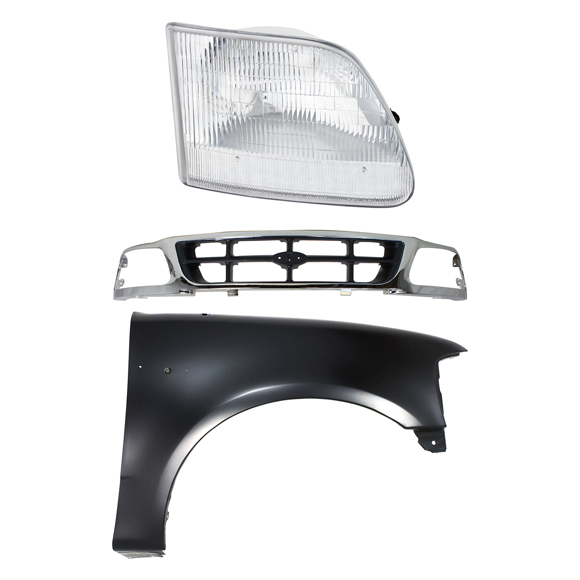 AM F 150 F 250-97-98 GRILLE Chrome Shell with Gray Insert 3 pc Kit with Fender and Headlight SKU KIT 022423-82201 Partslink FO1200320 FO1241191 FO2503139 OEM F85Z8200BAA 2L3Z16005BA 3L3Z13