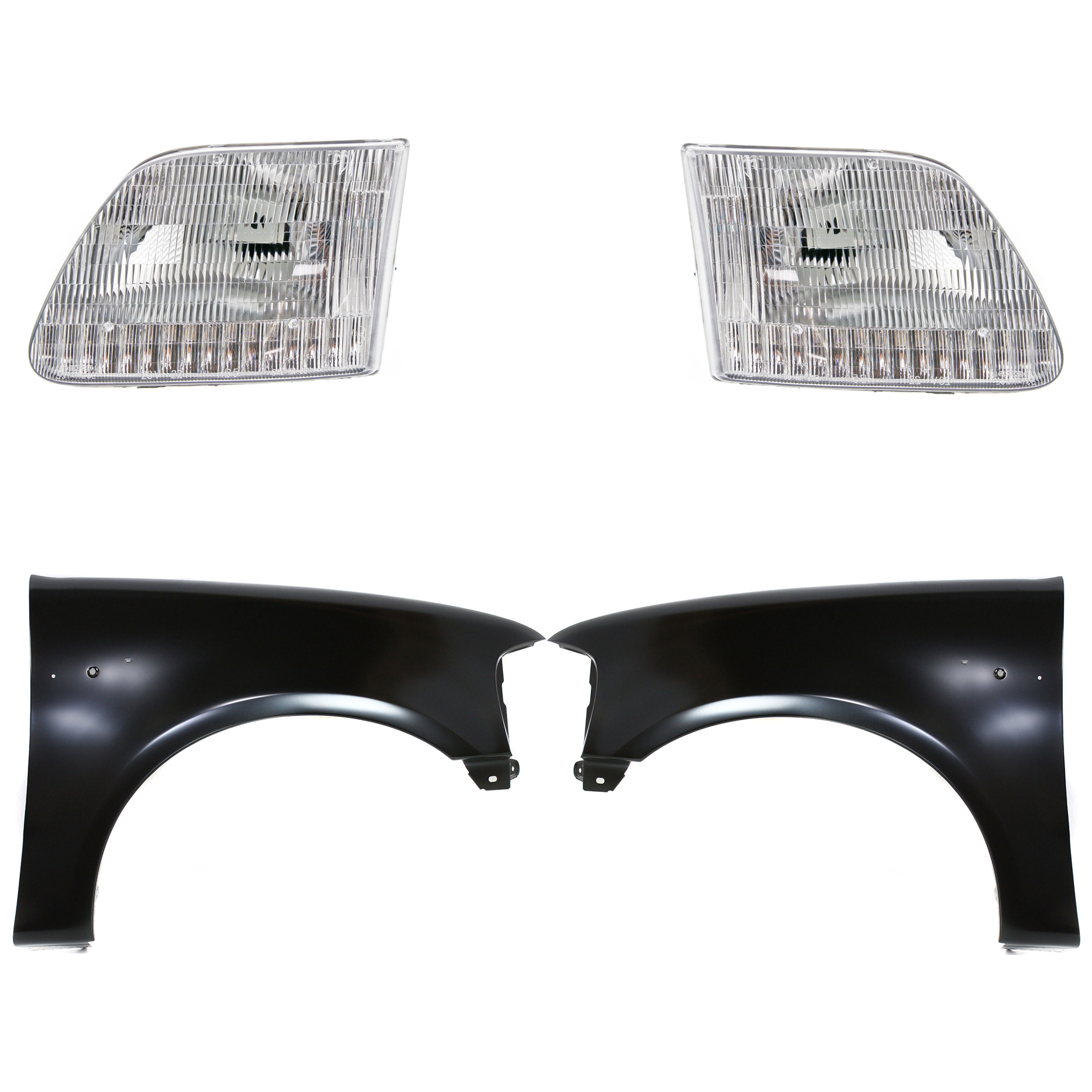 AM F 150 F 250-97-98 FRONT FENDER RH AND LH Primed 4 pc Kit with Headlights SKU KIT 022423-82203 Partslink FO1241191 FO1240191 FO2502139 FO2503139 OEM 2L3Z16005BA 2L3Z16006BA 3L3Z13