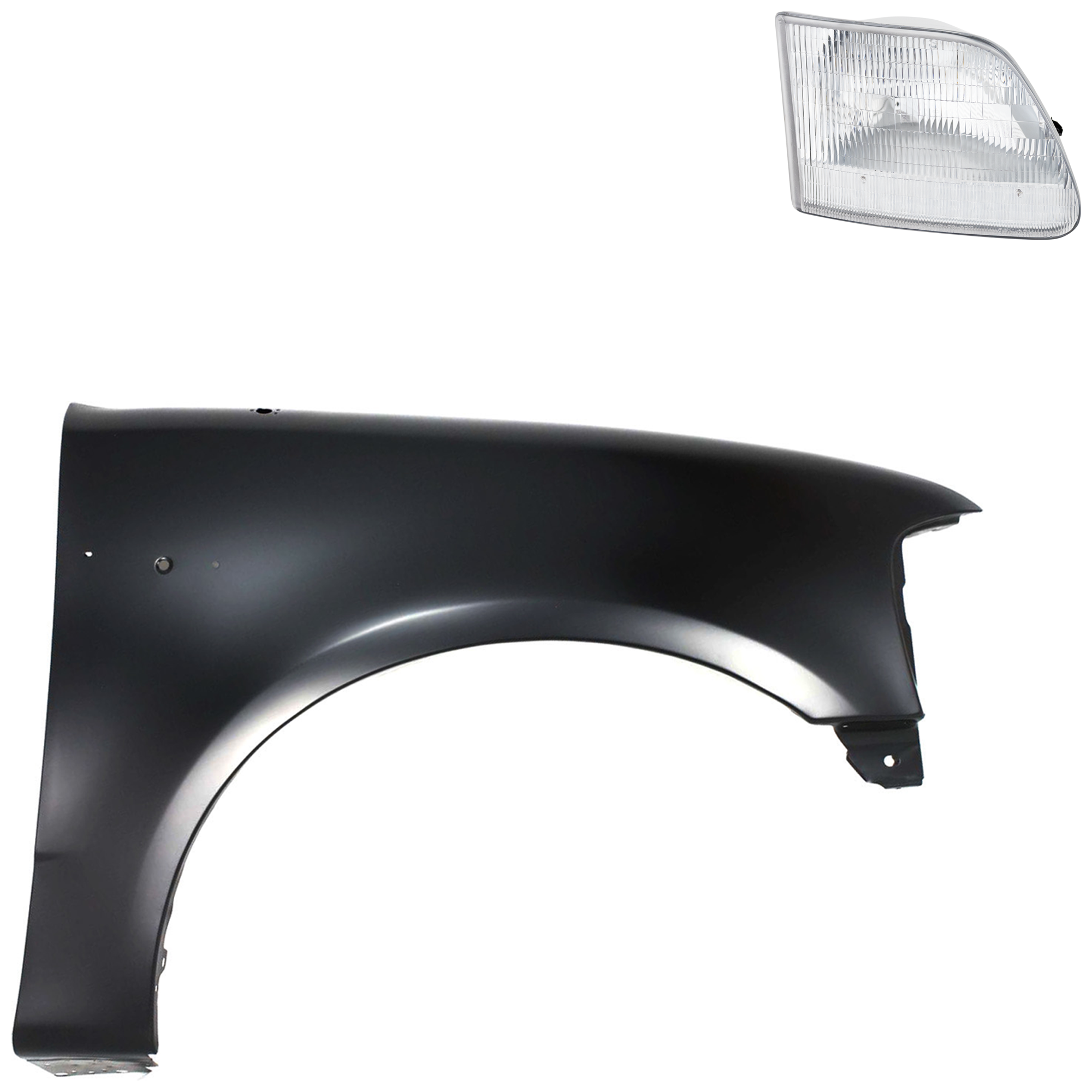 AM F 150 F 250-97-98 FRONT FENDER RH Primed 2 pc Kit with Headlight SKU KIT 022423-82204 Partslink FO1241191 FO2503139 OEM 2L3Z16005BA 3L3Z13008CA
