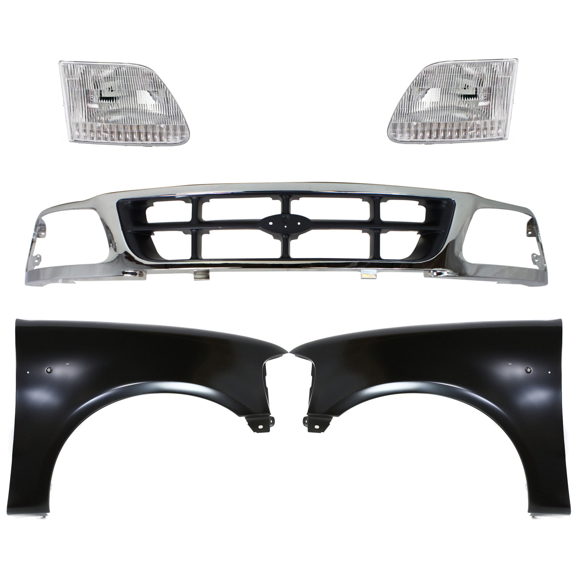 AM F 150 F 250-97-98 GRILLE Chrome Shell with Gray Insert 5 pc Kit with Fenders and Headlights SKU KIT 022423-822 Partslink FO1200320 FO1241191 FO1240191 FO2503139 FO2502139 OEM F85Z8200BAA 2L3Z16005BA 2L3Z16