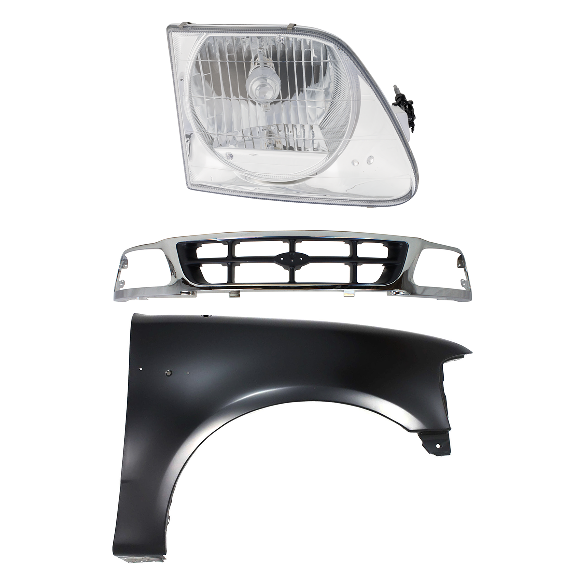 AM F 150 F 250-97-98 GRILLE Chrome Shell with Gray Insert 3 pc Kit with Fender and Headlight SKU KIT 022423-82301 Partslink FO1200320 FO1241191 FO2503182 OEM F85Z8200BAA 2L3Z16005BA 3L3Z13