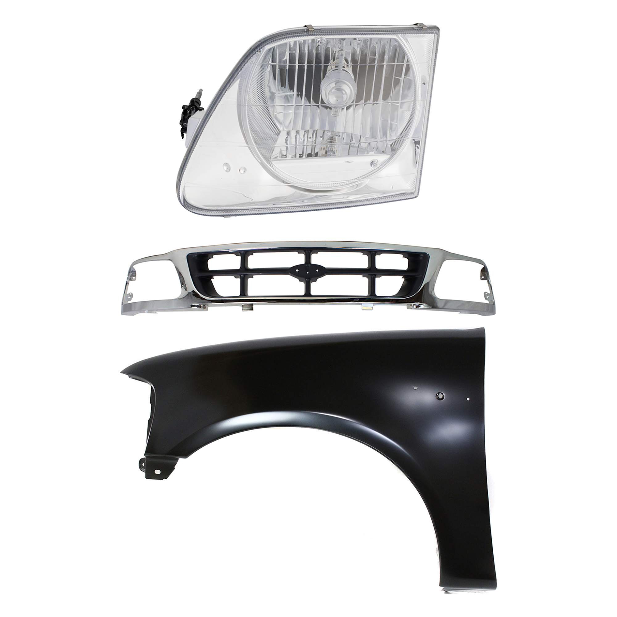 AM F 150 F 250-97-98 GRILLE Chrome Shell with Gray Insert 3 pc Kit with Fender and Headlight SKU KIT 022423-82302 Partslink FO1200320 FO1240191 FO2502182 OEM F85Z8200BAA 2L3Z16006BA 3L3Z13