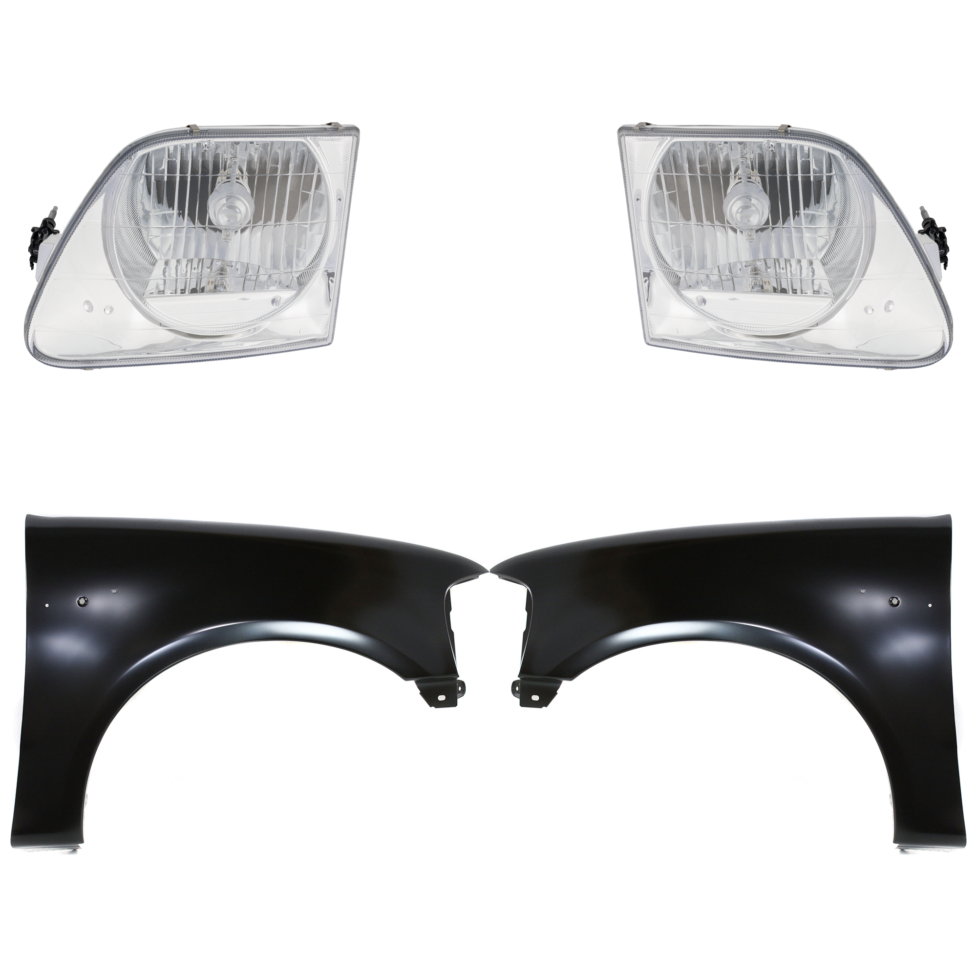 AM F SERIES 150-97-04 FRONT FENDER RH AND LH Primed 4 pc Kit with Headlights SKU KIT 022423-82303 Partslink FO1241191 FO1240191 FO2502182 FO2503182 OEM 2L3Z16005BA 2L3Z16006BA 3L3Z13