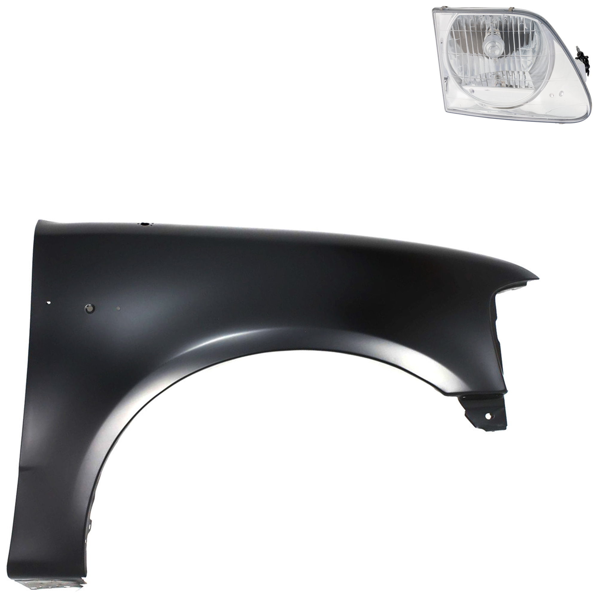 AM F 150-97-03 F 250-97-99 FRONT FENDER RH Primed 2 pc Kit with Headlight SKU KIT 022423-82304 Partslink FO1241191 FO2503182 OEM 2L3Z16005BA 3L3Z13008EA
