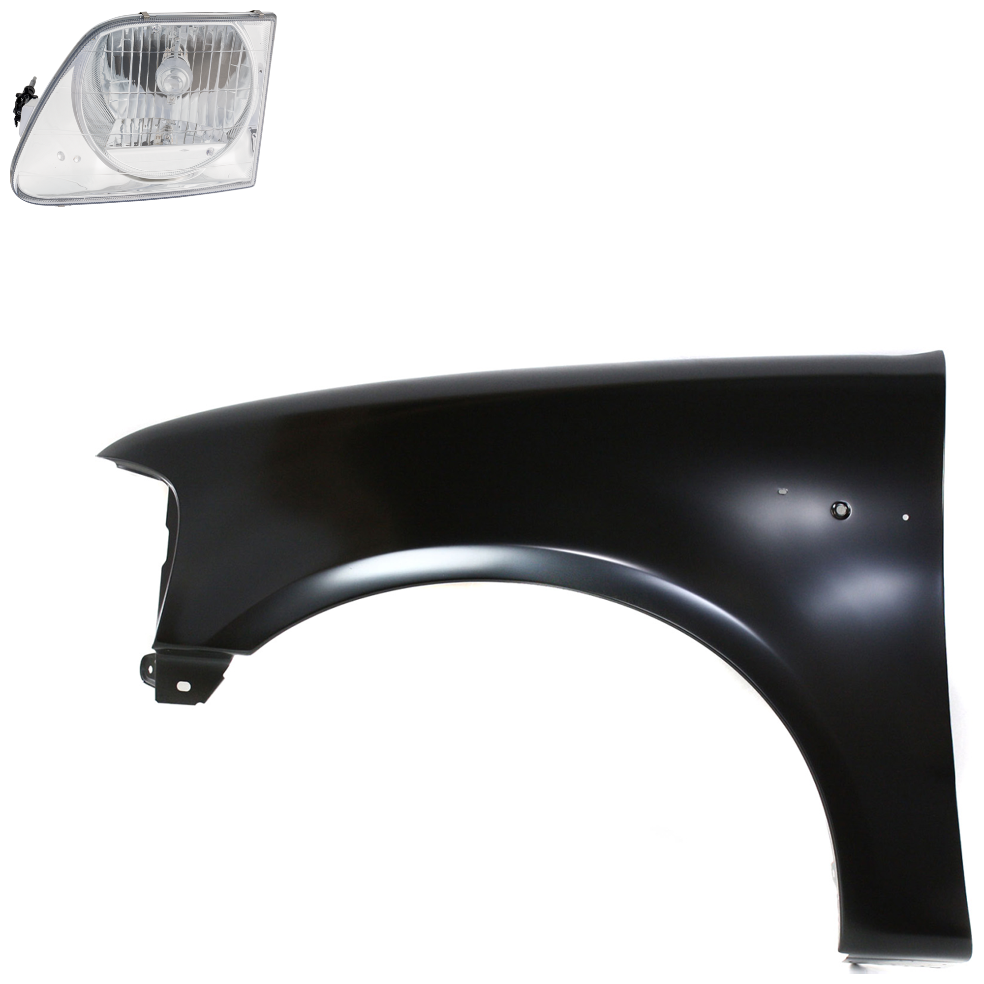 AM F 150-97-03 F 250-97-99 FRONT FENDER LH Primed 2 pc Kit with Headlight SKU KIT 022423-82305 Partslink FO1240191 FO2502182 OEM 2L3Z16006BA 3L3Z13008FA