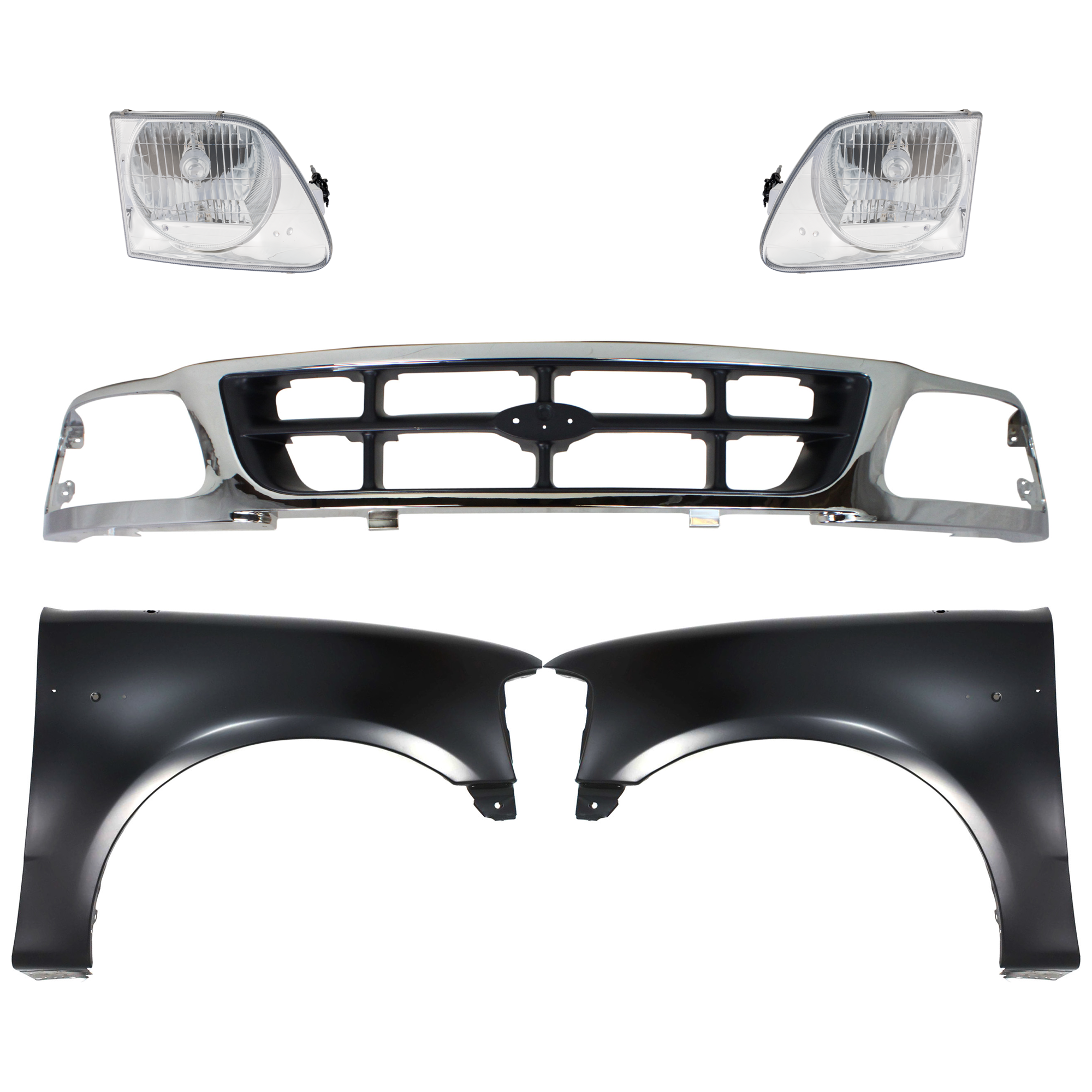 AM F 150 F 250-97-98 GRILLE Chrome Shell with Gray Insert 5 pc Kit with Fenders and Headlights SKU KIT 022423-823 Partslink FO1200320 FO1241191 FO1240191 FO2503182 FO2502182 OEM F85Z8200BAA 2L3Z16005BA 2L3Z16