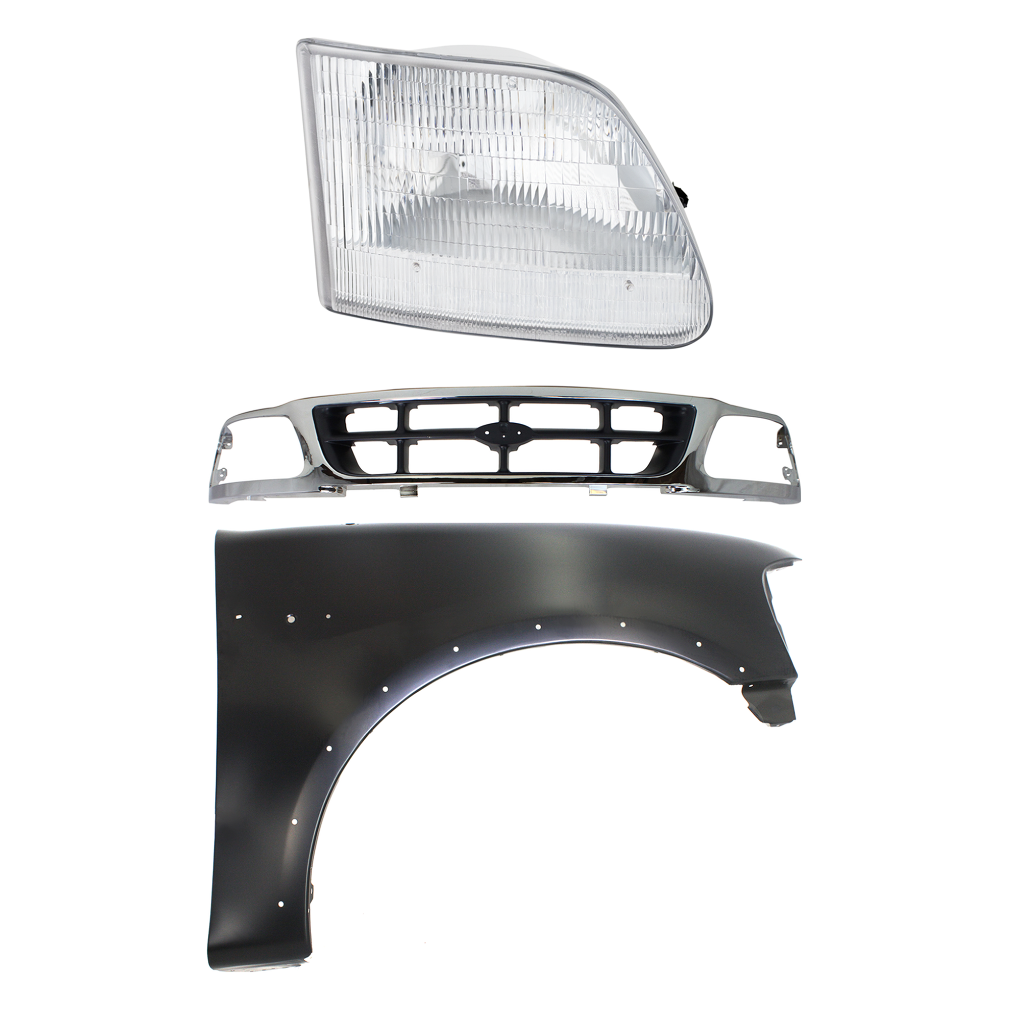 AM F 150 F 250-97-98 GRILLE Chrome Shell with Gray Insert 3 pc Kit with Fender and Headlight SKU KIT 022423-82501 Partslink FO1200320 FO1241192 FO2503139 OEM F85Z8200BAA 2L3Z16005AA 3L3Z13