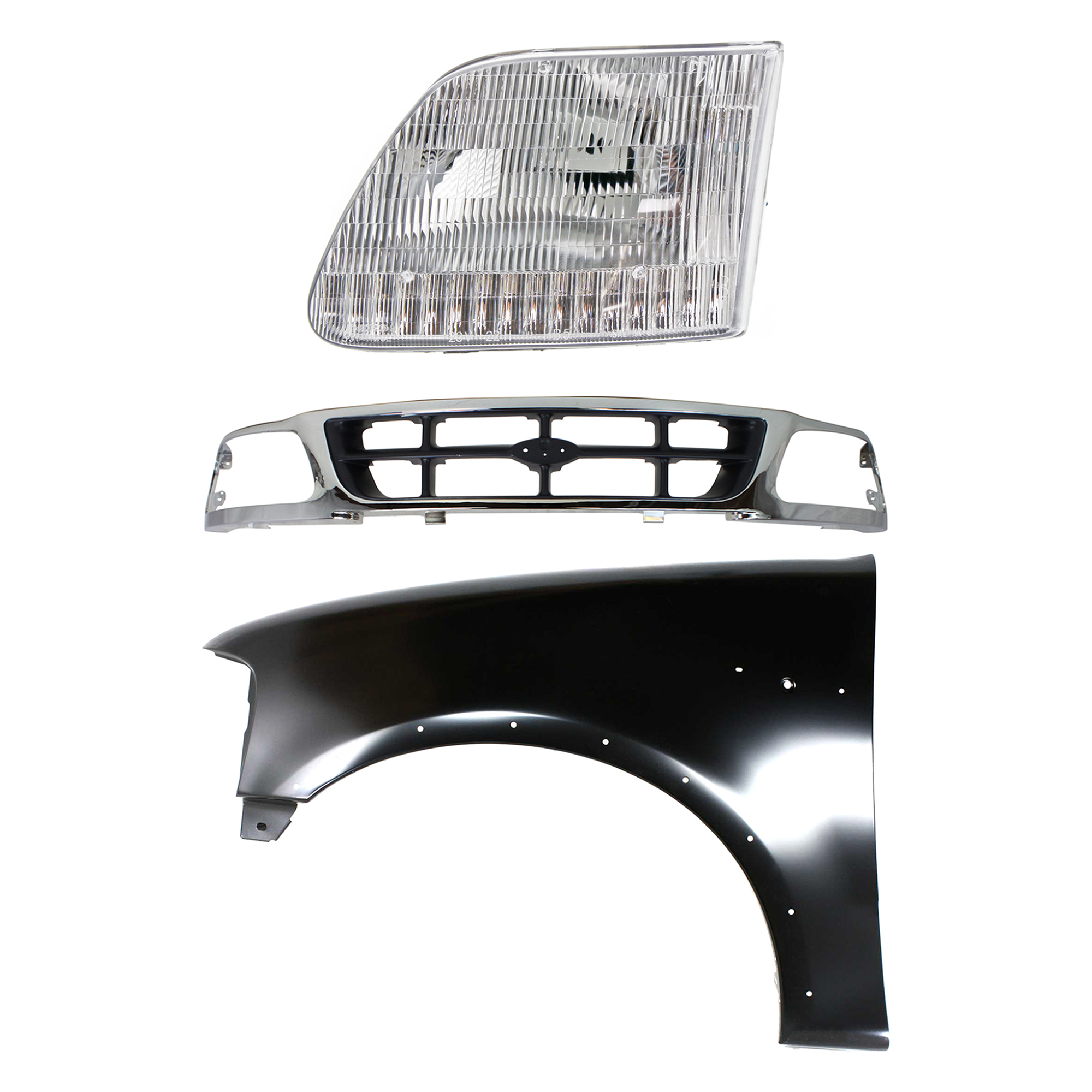 AM F 150 F 250-97-98 GRILLE Chrome Shell with Gray Insert 3 pc Kit with Fender and Headlight SKU KIT 022423-82502 Partslink FO1200320 FO1240192 FO2502139 OEM F85Z8200BAA 2L3Z16006AA 3L3Z13