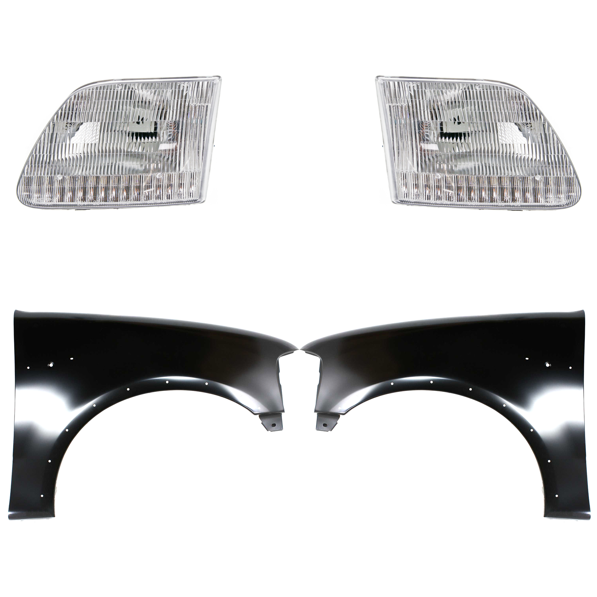 AM F 150 F 250-97-98 FRONT FENDER RH AND LH Primed 4 pc Kit with Headlights SKU KIT 022423-82503 Partslink FO1241192 FO1240192 FO2502139 FO2503139 OEM 2L3Z16005AA 2L3Z16006AA 3L3Z13