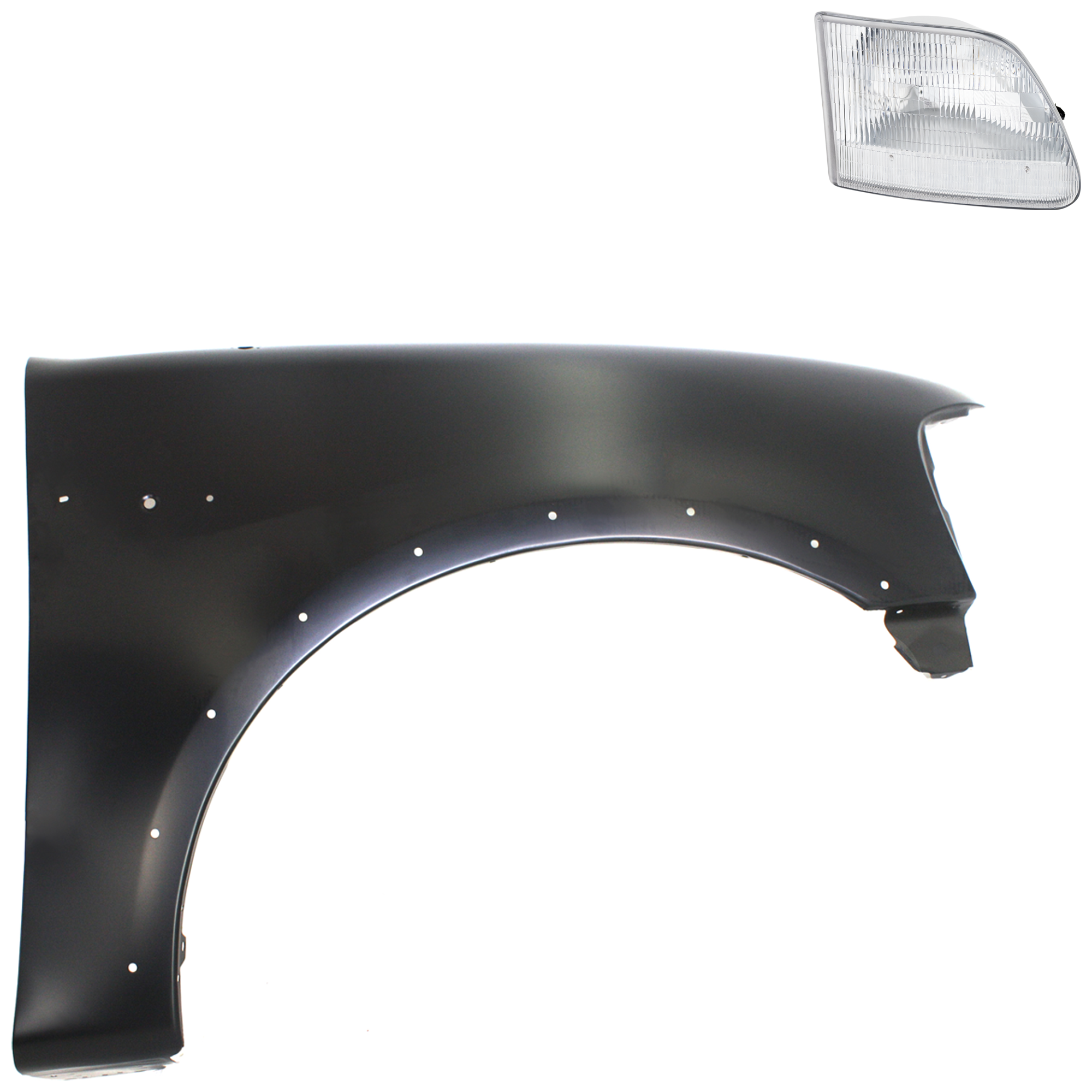 AM F 150 F 250-97-98 FRONT FENDER RH Primed 2 pc Kit with Headlight SKU KIT 022423-82504 Partslink FO1241192 FO2503139 OEM 2L3Z16005AA 3L3Z13008CA