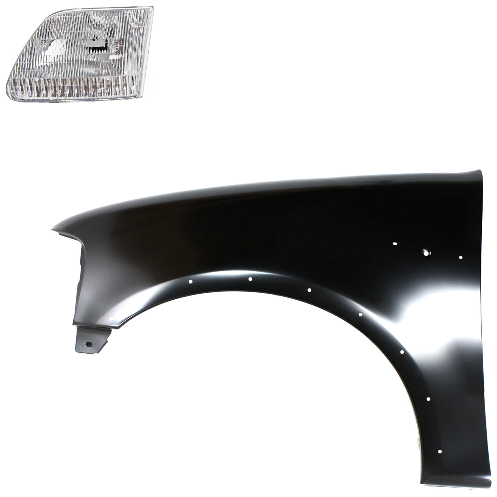 AM F 150 F 250-97-98 FRONT FENDER LH Primed 2 pc Kit with Headlight SKU KIT 022423-82505 Partslink FO1240192 FO2502139 OEM 2L3Z16006AA 3L3Z13008DA