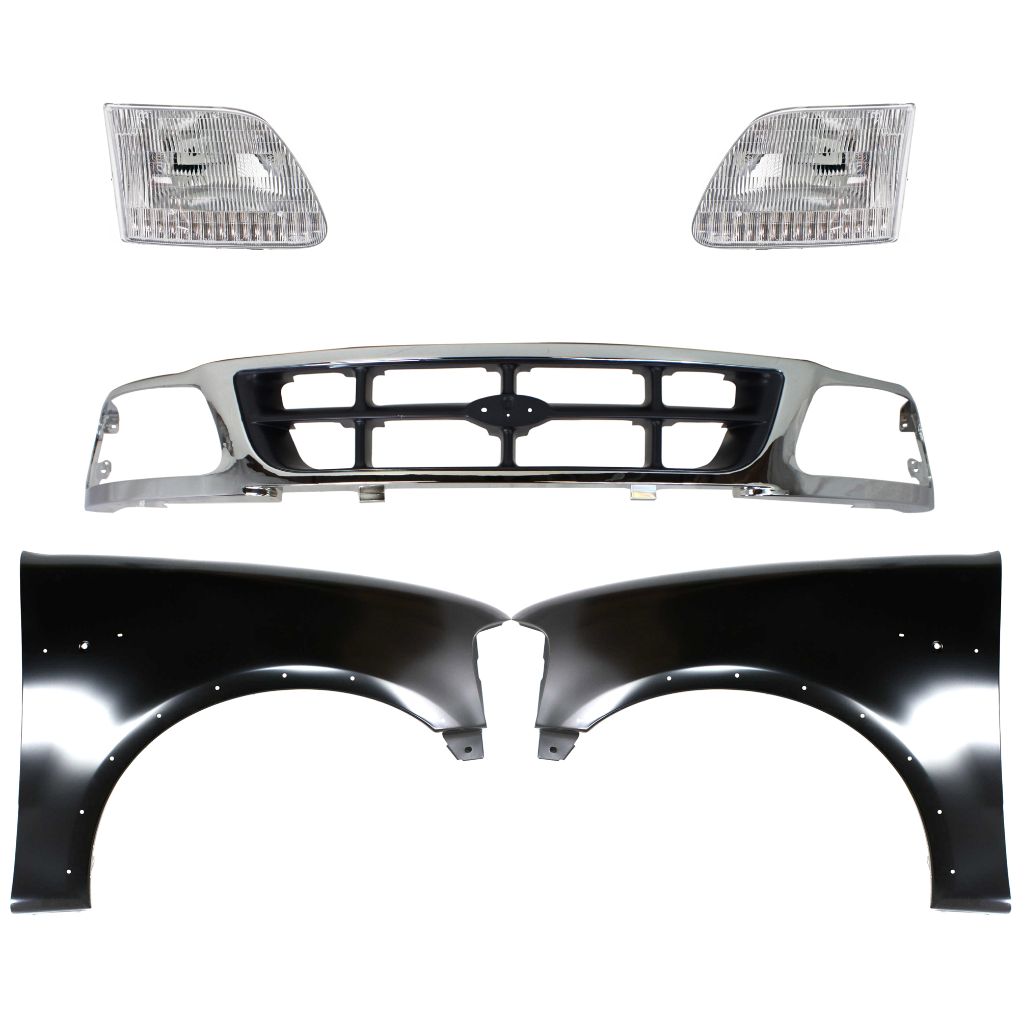 AM F 150 F 250-97-98 GRILLE Chrome Shell with Gray Insert 5 pc Kit with Fenders and Headlights SKU KIT 022423-825 Partslink FO1200320 FO1240192 FO1241192 FO2503139 FO2502139 OEM F85Z8200BAA 2L3Z16006AA 2L3Z16
