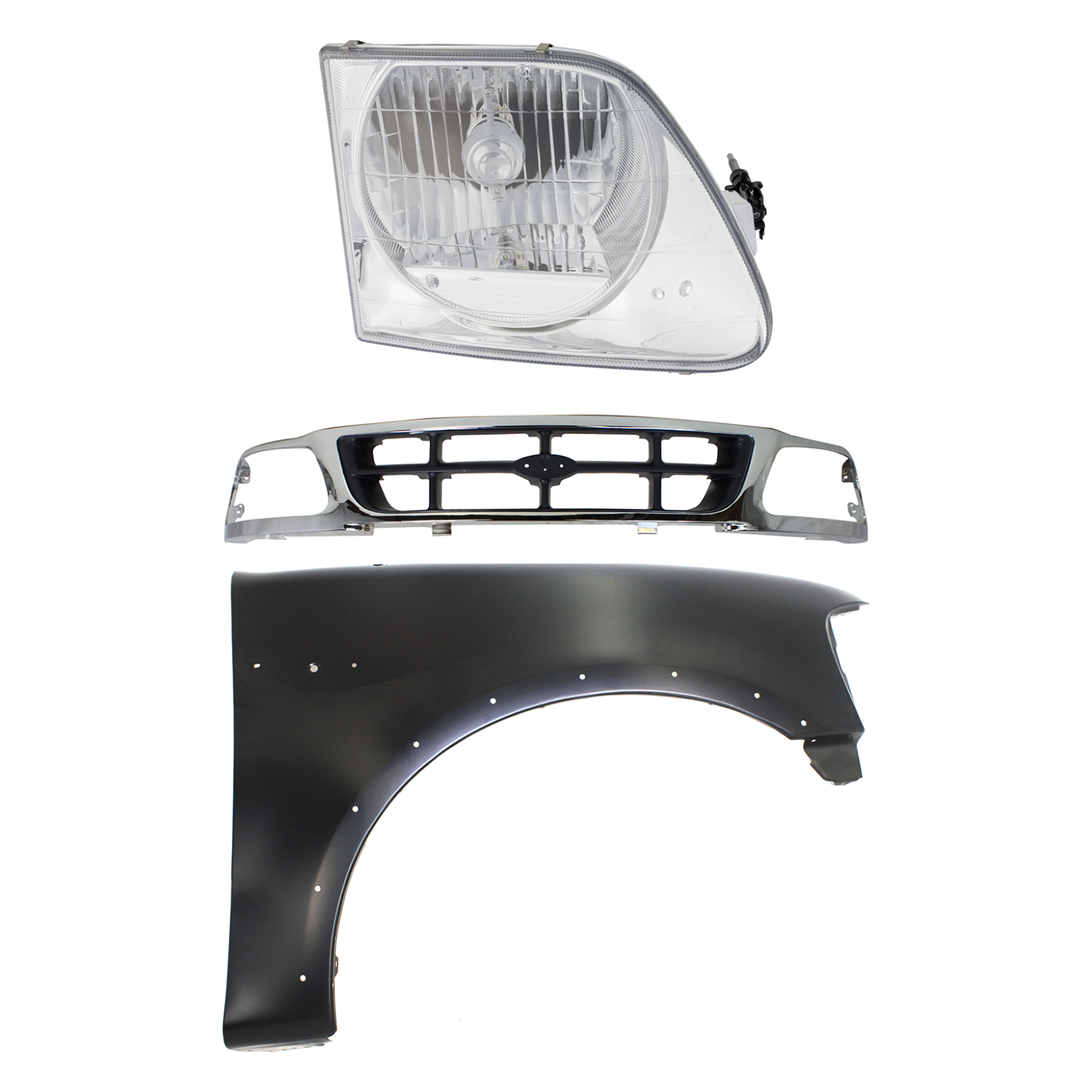 AM F 150 F 250-97-98 GRILLE Chrome Shell with Gray Insert 3 pc Kit with Fender and Headlight SKU KIT 022423-82601 Partslink FO1200320 FO1241192 FO2503182 OEM F85Z8200BAA 2L3Z16005AA 3L3Z13