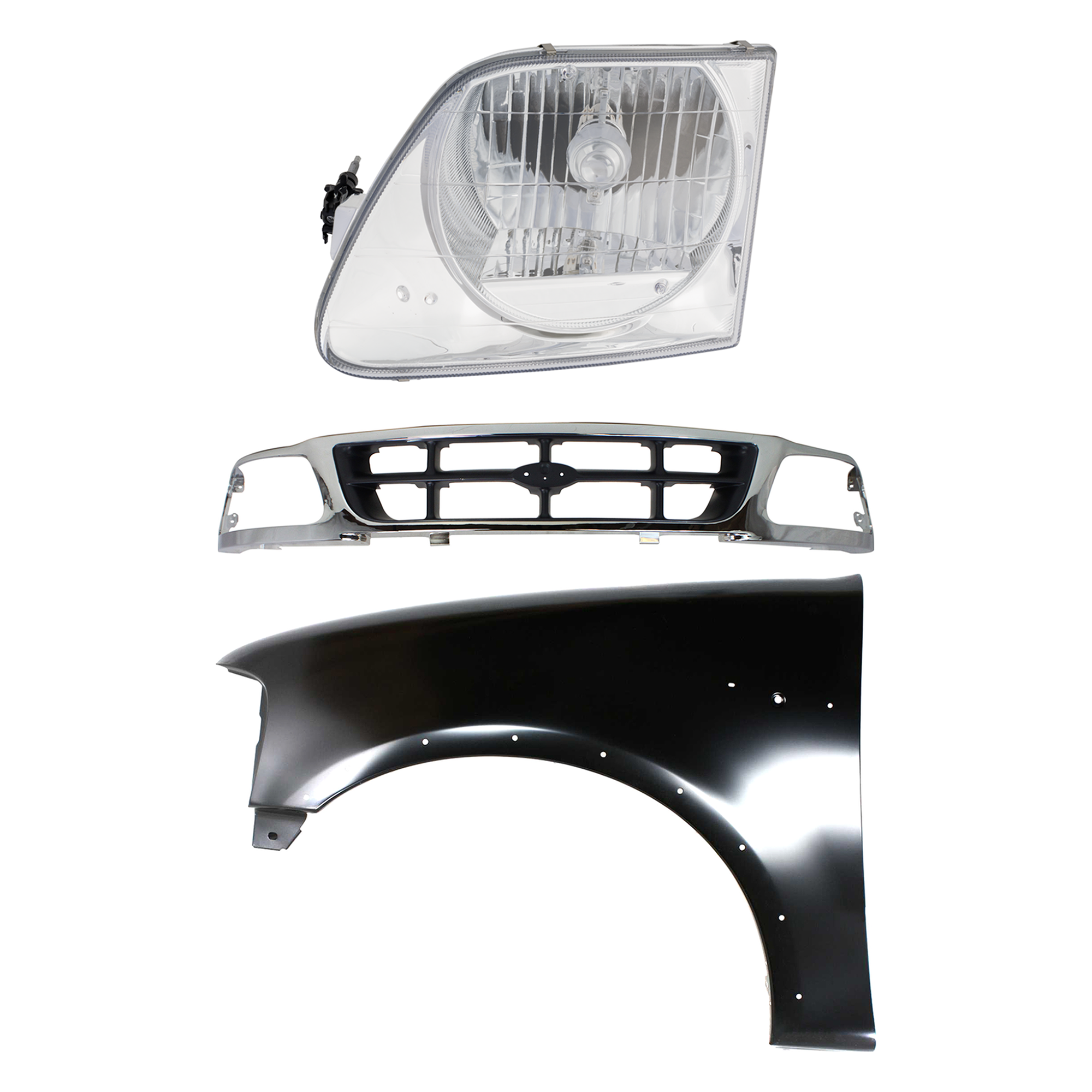 AM F 150 F 250-97-98 GRILLE Chrome Shell with Gray Insert 3 pc Kit with Fender and Headlight SKU KIT 022423-82602 Partslink FO1200320 FO1240192 FO2502182 OEM F85Z8200BAA 2L3Z16006AA 3L3Z13