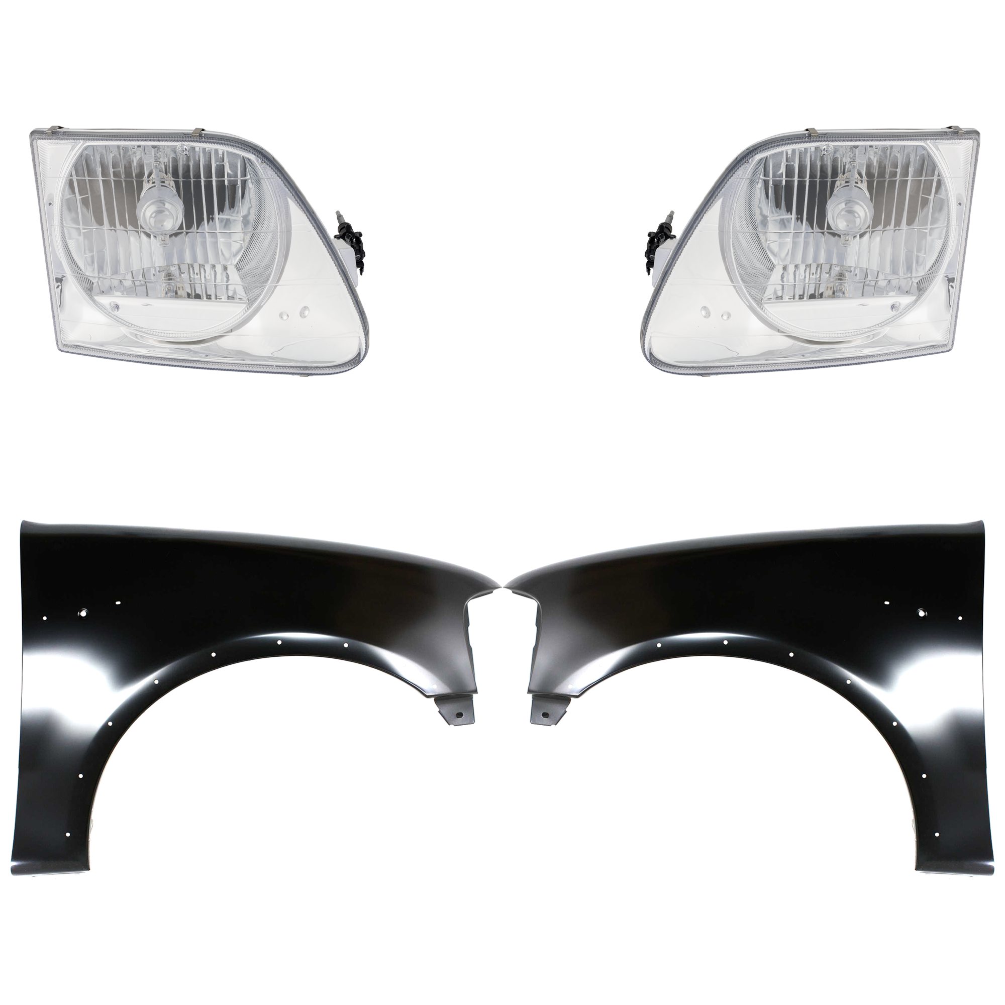 AM F 150-97-03 F 250-97-99 FRONT FENDER RH AND LH Primed 4 pc Kit with Headlights SKU KIT 022423-82603 Partslink FO1241192 FO1240192 FO2502182 FO2503182 OEM 2L3Z16005AA 2L3Z16006AA 3L3Z13