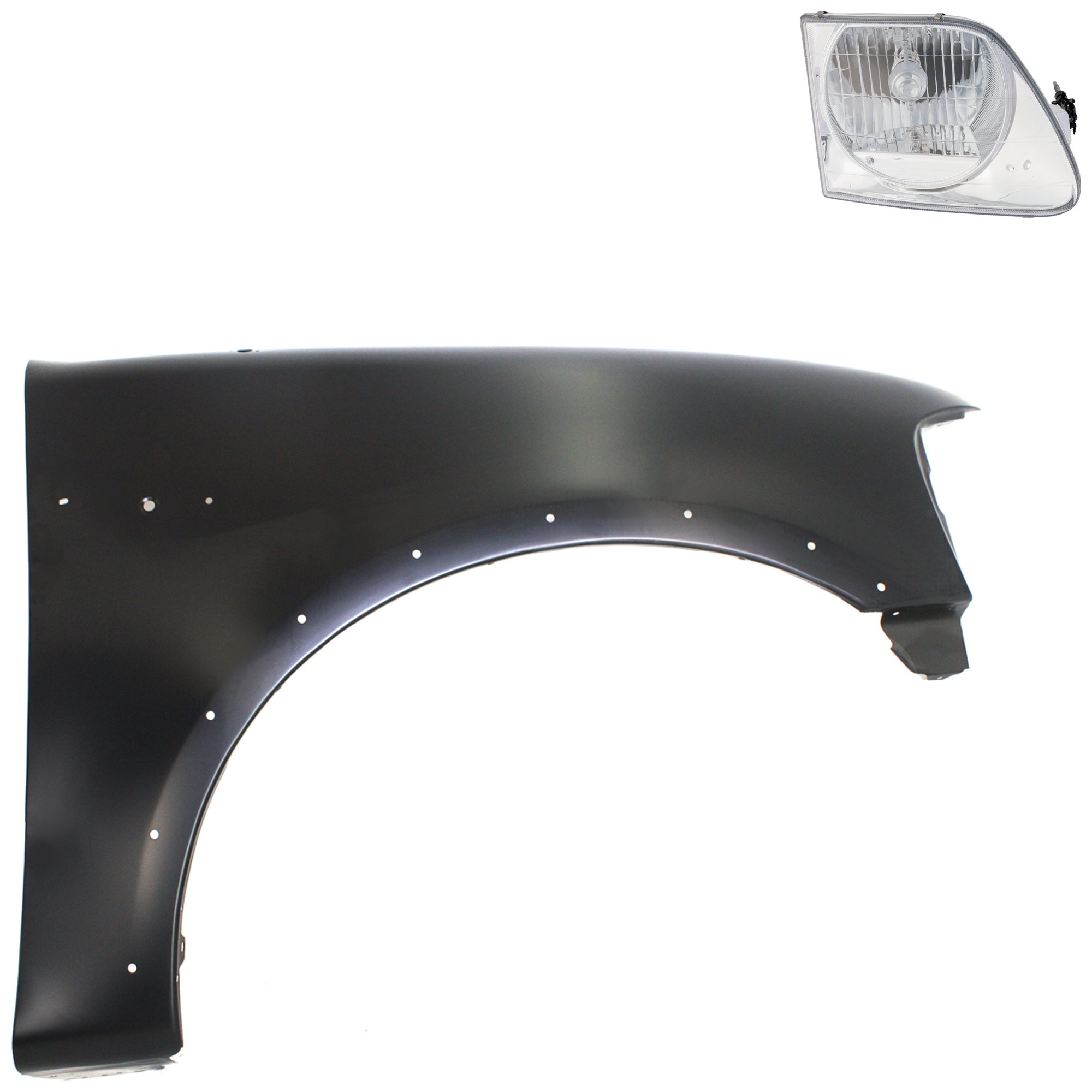 AM F 150-97-03 F 250-97-99 FRONT FENDER RH Primed 2 pc Kit with Headlight SKU KIT 022423-82604 Partslink FO1241192 FO2503182 OEM 2L3Z16005AA 3L3Z13008EA