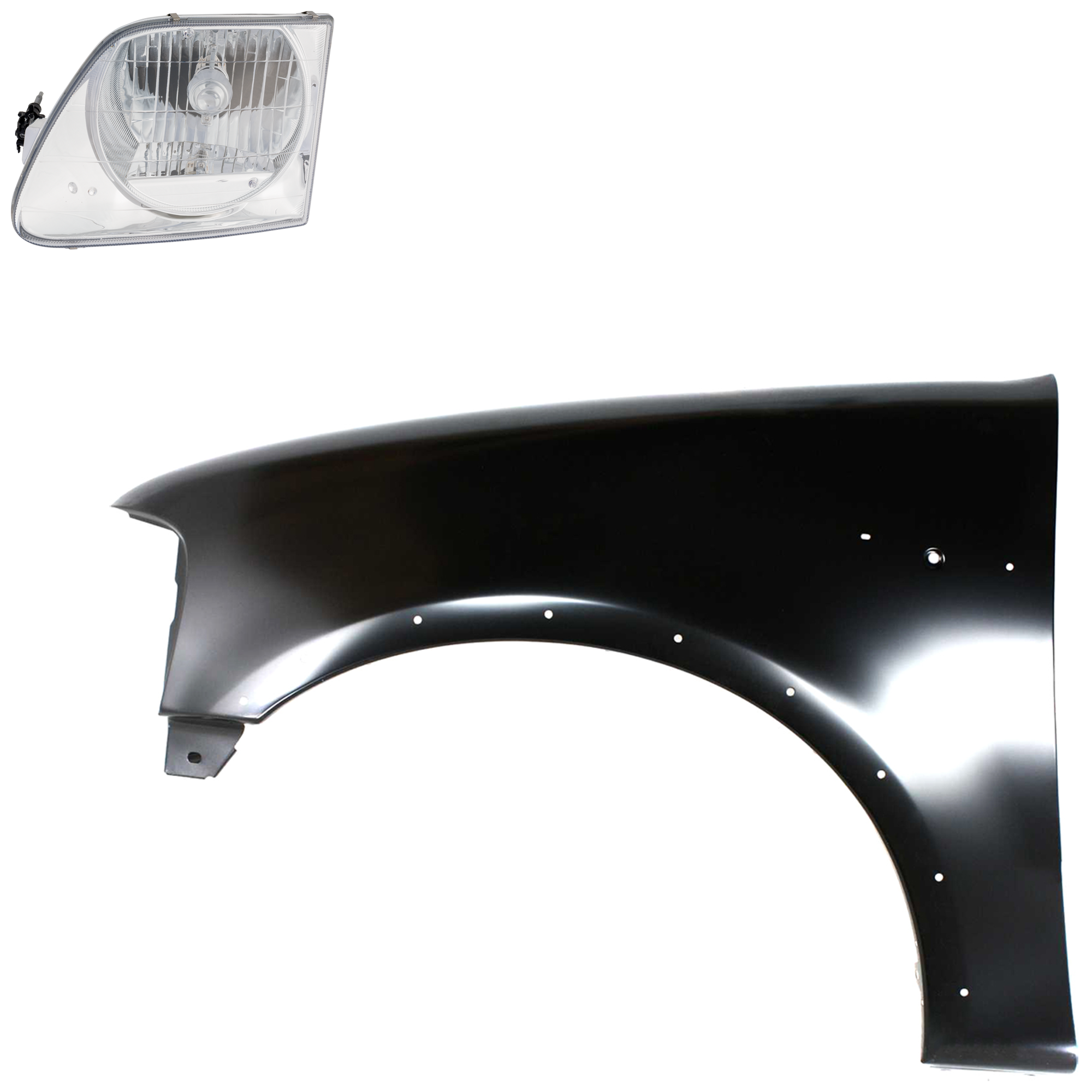 AM F 150-97-03 F 250-97-99 FRONT FENDER LH Primed 2 pc Kit with Headlight SKU KIT 022423-82605 Partslink FO1240192 FO2502182 OEM 2L3Z16006AA 3L3Z13008FA