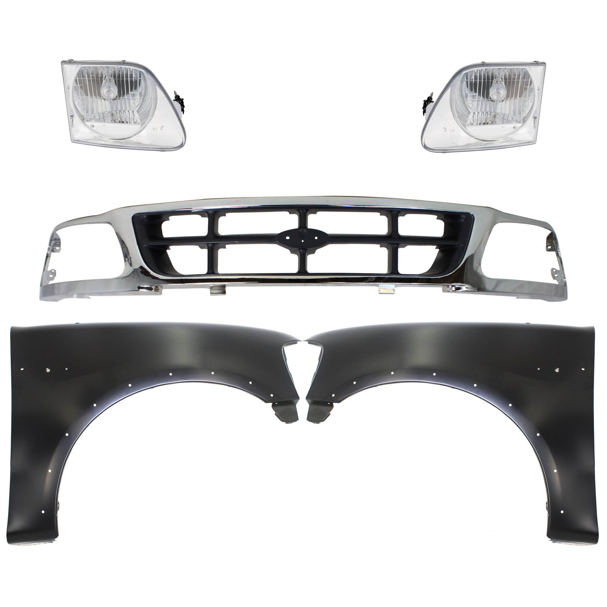 AM F 150 F 250-97-98 GRILLE Chrome Shell with Gray Insert 5 pc Kit with Fenders and Headlights SKU KIT 022423-826 Partslink FO1200320 FO1240192 FO1241192 FO2503182 FO2502182 OEM F85Z8200BAA 2L3Z16006AA 2L3Z16