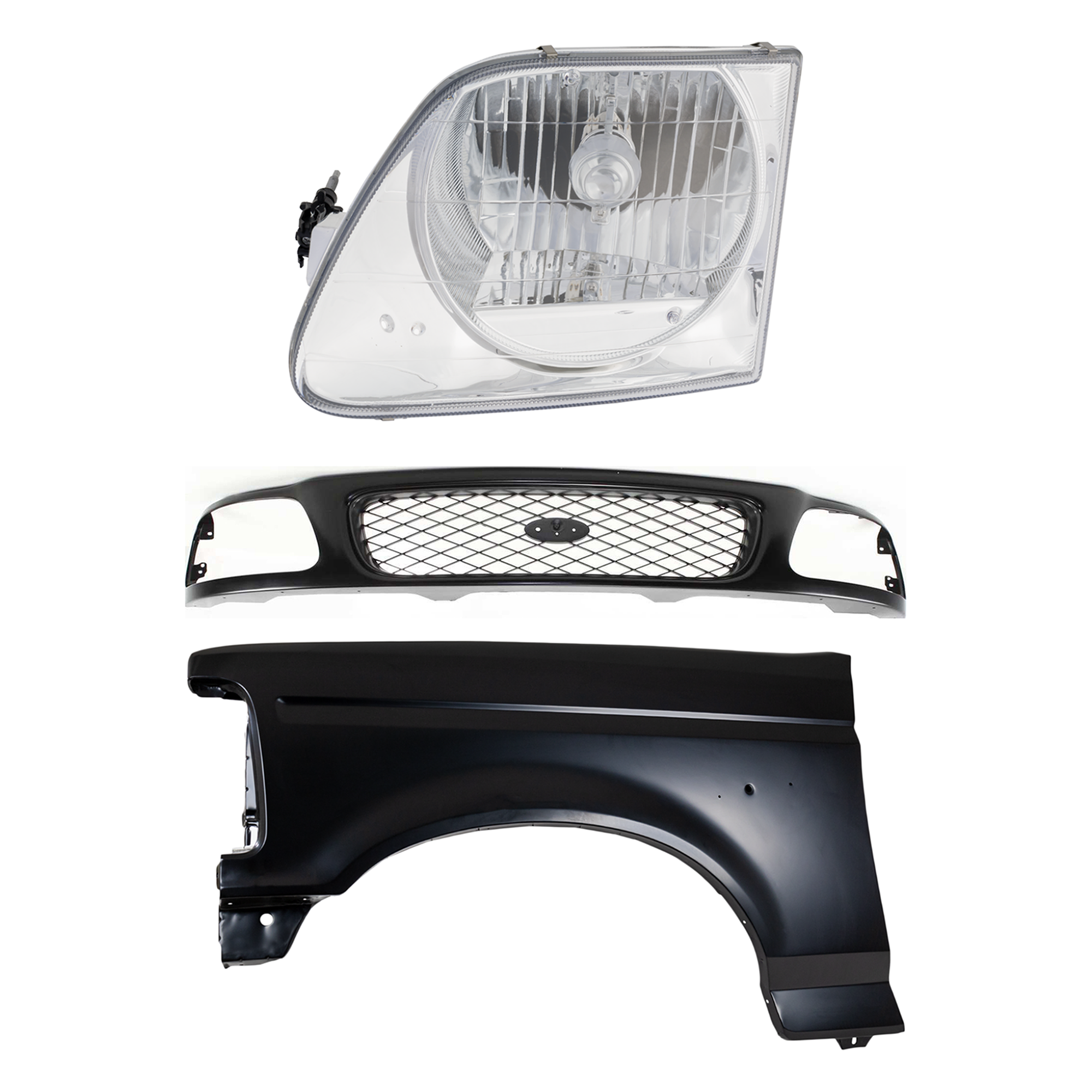 AM F 150-97-97 FRONT FENDER LH Primed 3 pc Kit with Grille and Headlight SKU KIT 022423-82902 Partslink FO1240138 FO1200328 FO2502182 OEM F4TZ16006A F65Z8200AAN F85Z820