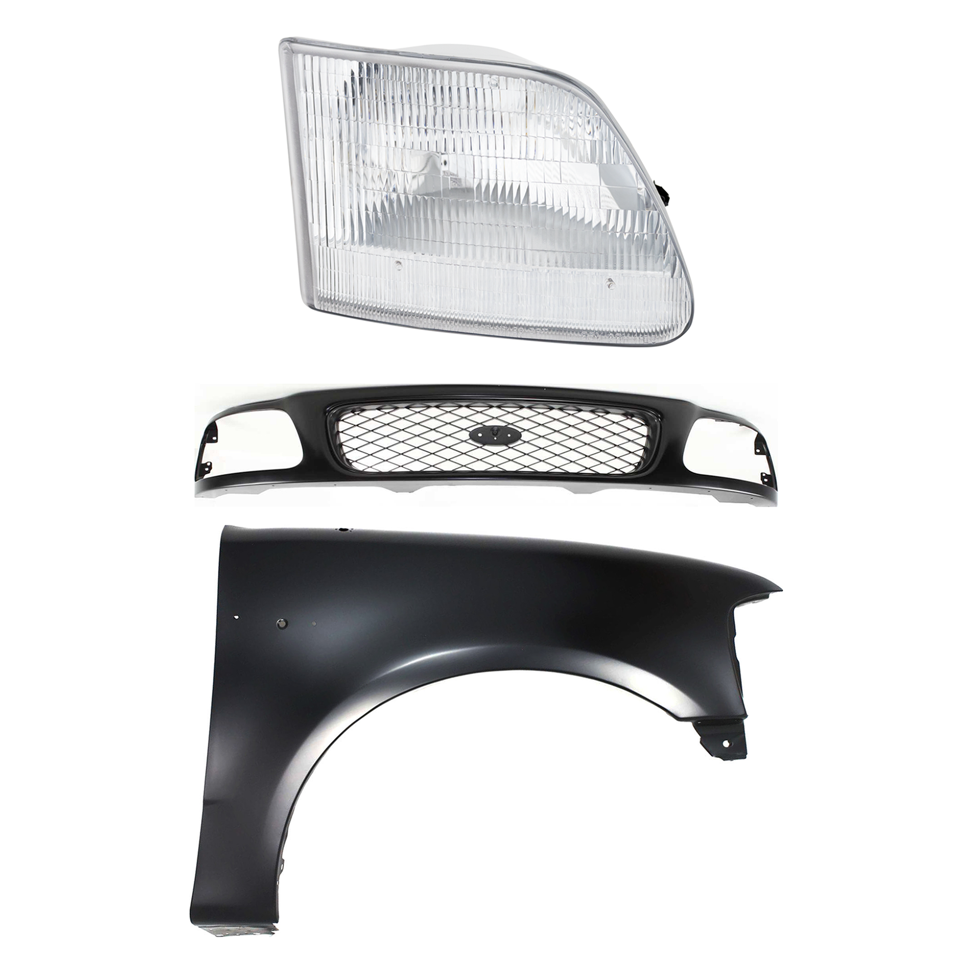 AM F 150 F 250-97-98 GRILLE Paintable Shell and Insert 3 pc Kit with Fender and Headlight SKU KIT 022423-83101 Partslink FO1200328 FO1241191 FO2503139 OEM F65Z8200AAN F85Z8200CAA 2L3Z16