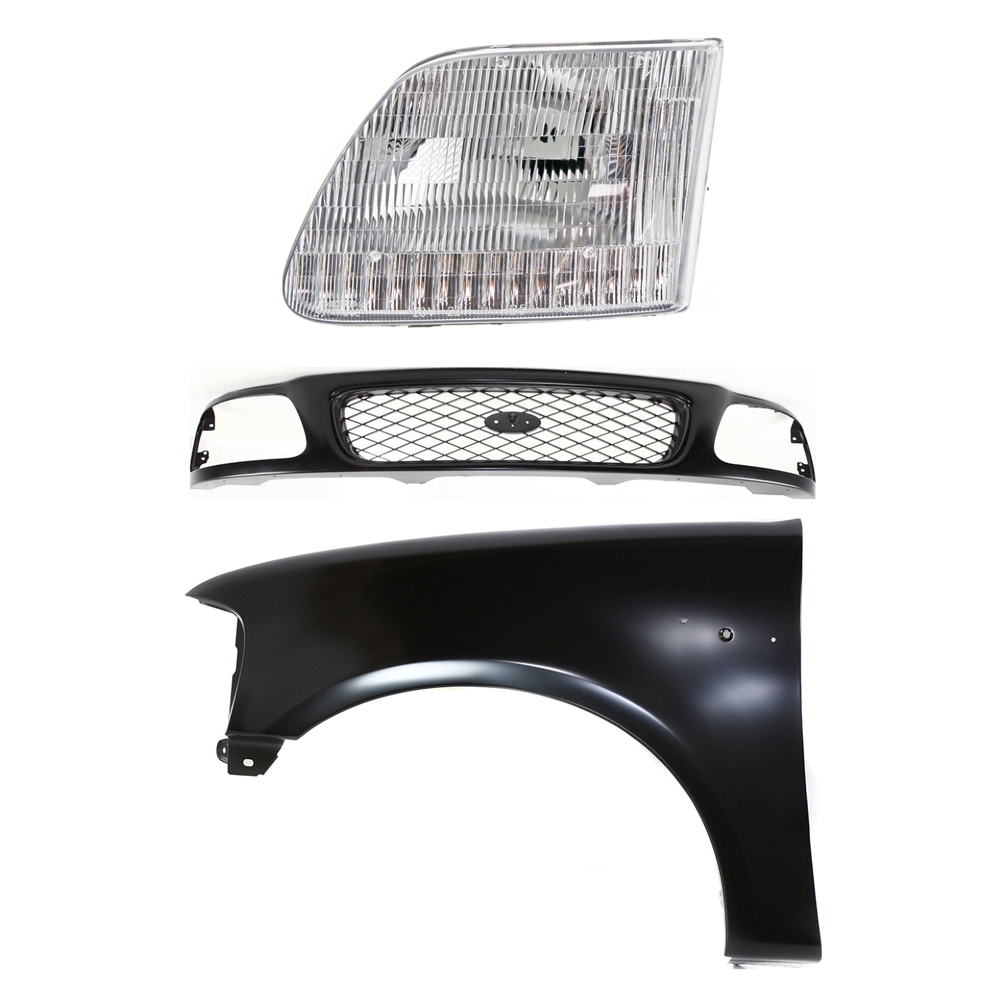 AM F 150 F 250-97-98 GRILLE Paintable Shell and Insert 3 pc Kit with Fender and Headlight SKU KIT 022423-83102 Partslink FO1200328 FO1240191 FO2502139 OEM F65Z8200AAN F85Z8200CAA 2L3Z16
