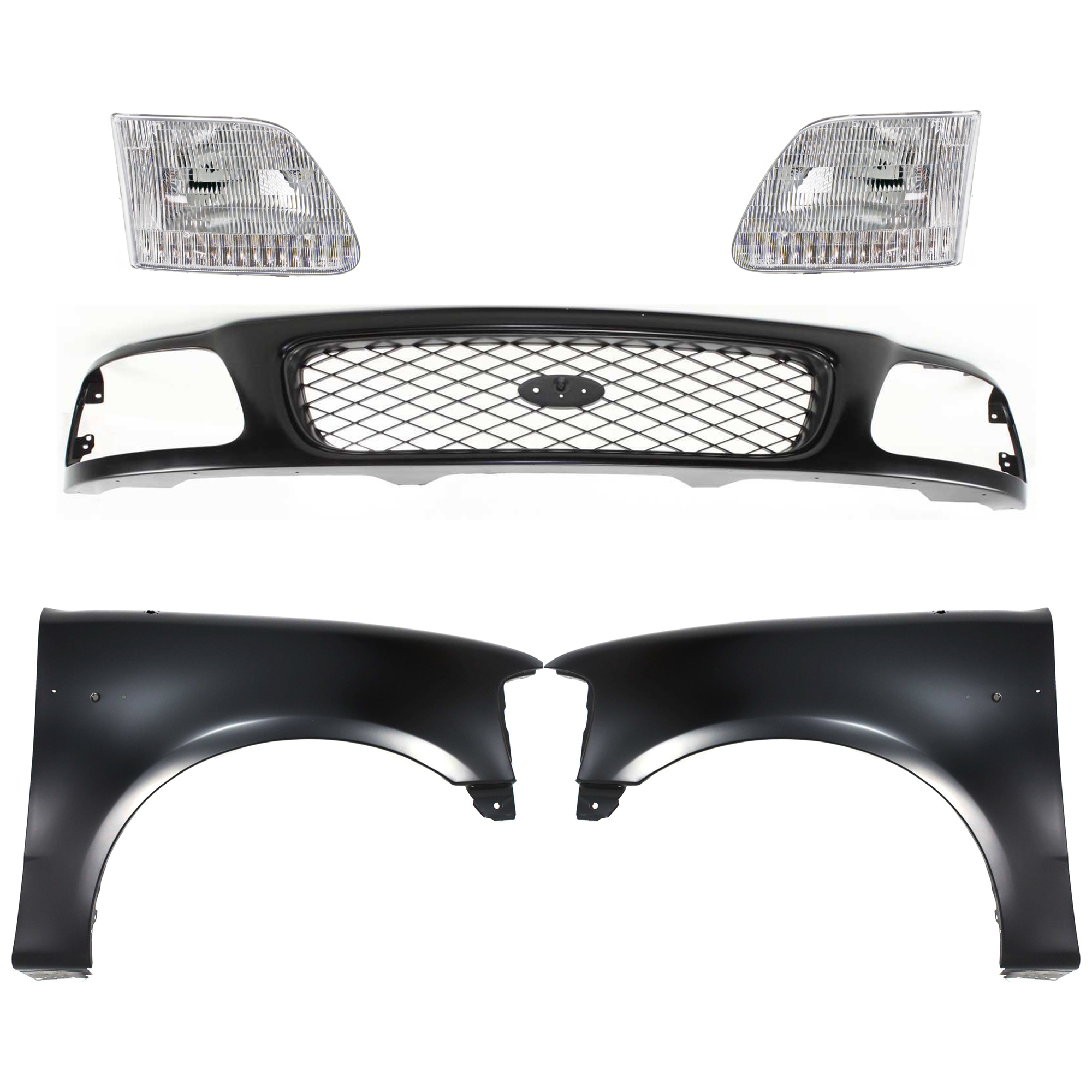 AM F 150 F 250-97-98 GRILLE Paintable Shell and Insert 5 pc Kit with Fenders and Headlights SKU KIT 022423-831 Partslink FO1200328 FO1241191 FO1240191 FO2503139 FO2502139 OEM F65Z8200AAN F85Z8200CAA 2L3Z16