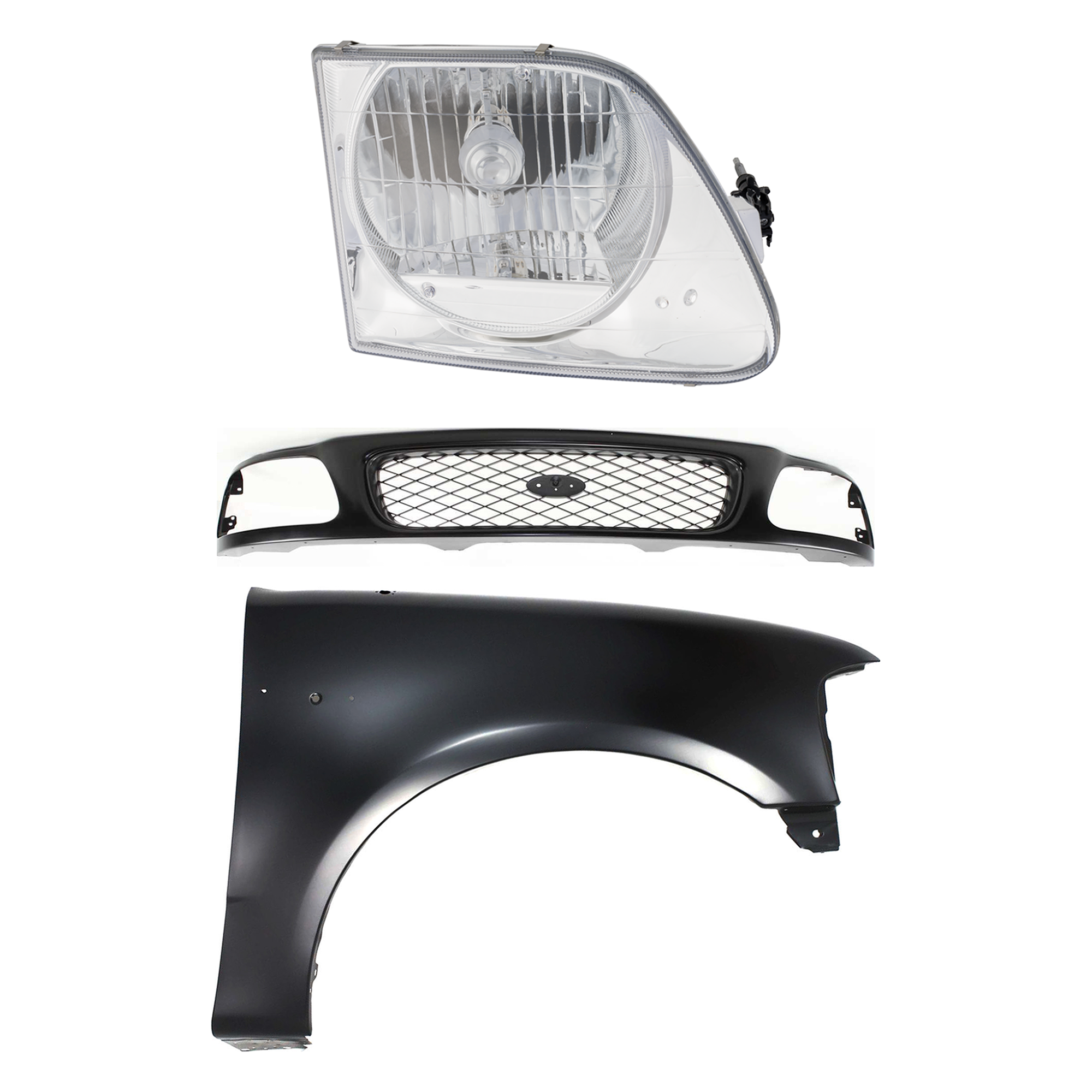 AM F 150 F 250-97-98 GRILLE Paintable Shell and Insert 3 pc Kit with Fender and Headlight SKU KIT 022423-83201 Partslink FO1200328 FO1241191 FO2503182 OEM F65Z8200AAN F85Z8200CAA 2L3Z16