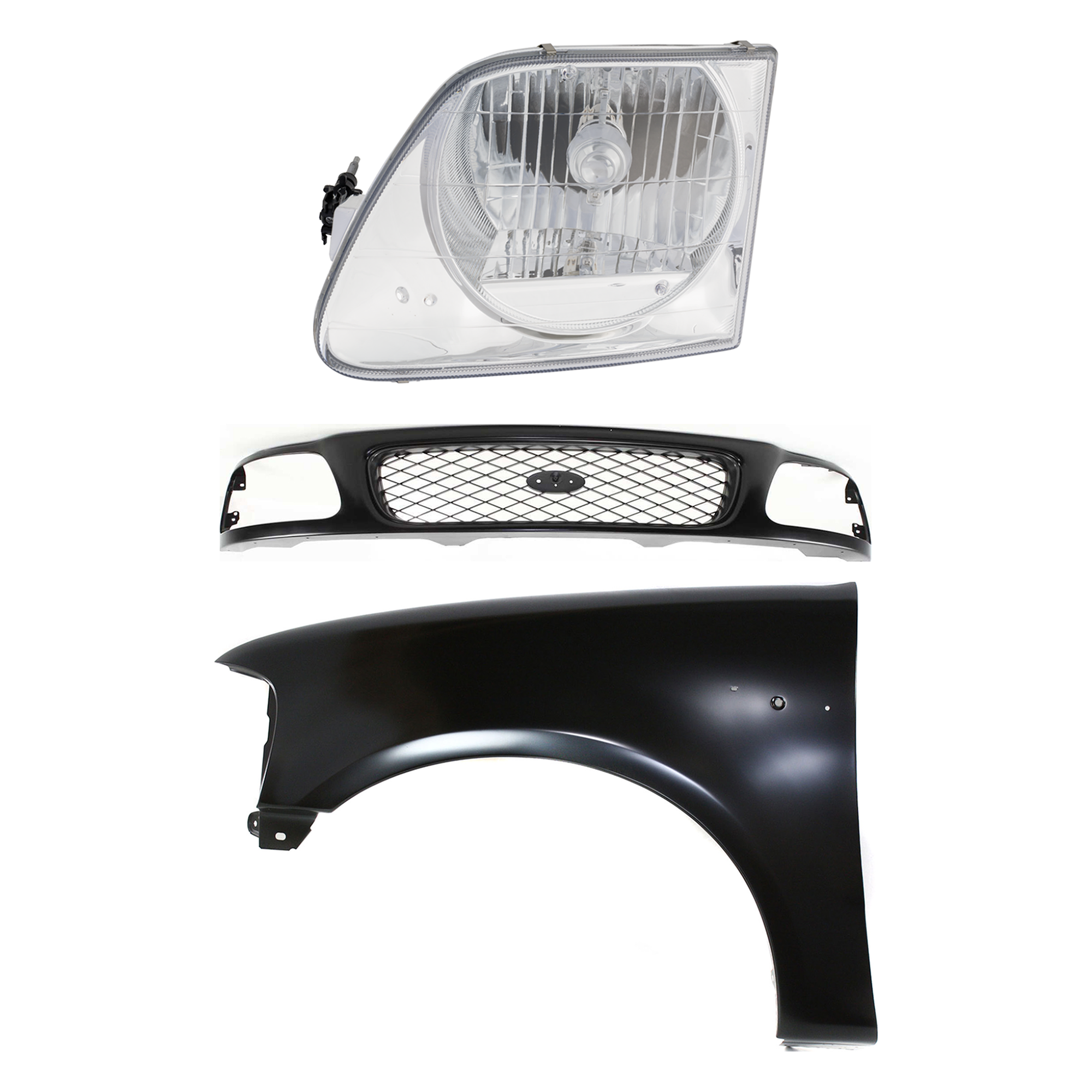 AM F 150 F 250-97-98 GRILLE Paintable Shell and Insert 3 pc Kit with Fender and Headlight SKU KIT 022423-83202 Partslink FO1200328 FO1240191 FO2502182 OEM F65Z8200AAN F85Z8200CAA 2L3Z16