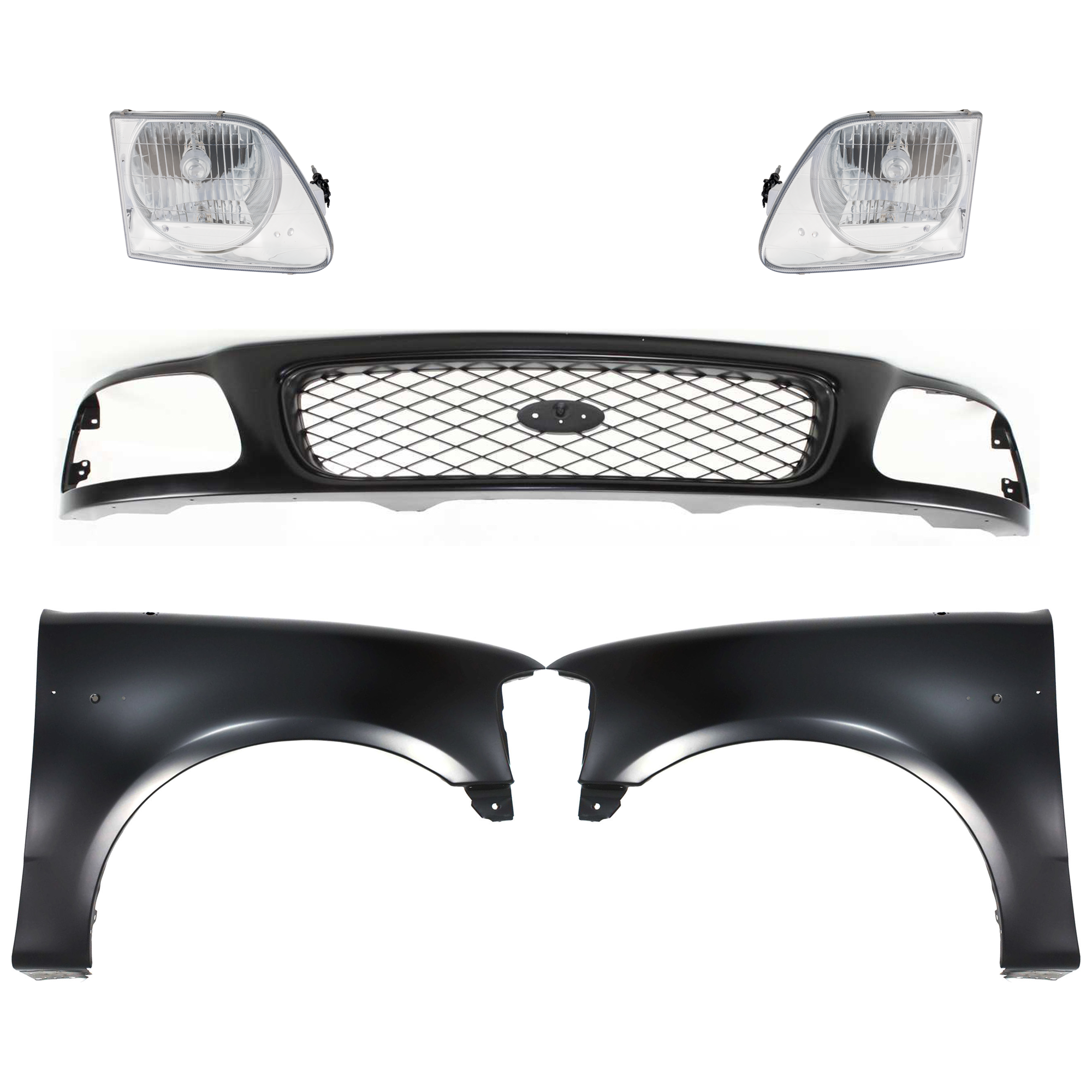 AM F 150 F 250-97-98 GRILLE Paintable Shell and Insert 5 pc Kit with Fenders and Headlights SKU KIT 022423-832 Partslink FO1200328 FO1241191 FO1240191 FO2503182 FO2502182 OEM F65Z8200AAN F85Z8200CAA 2L3Z16
