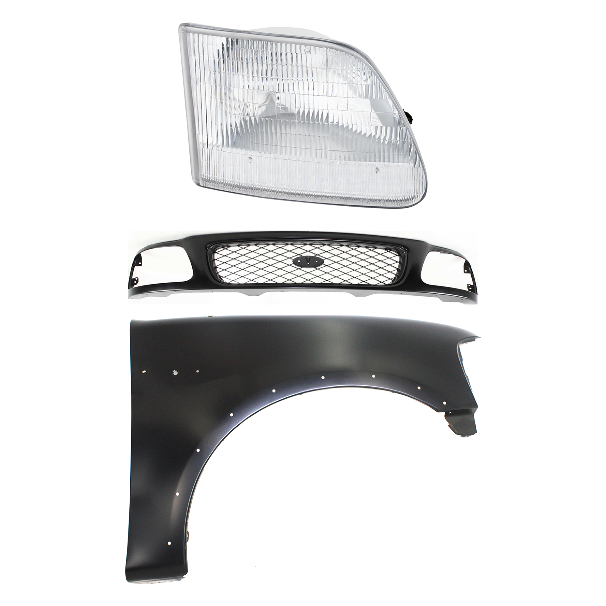 AM F 150 F 250-97-98 GRILLE Paintable Shell and Insert 3 pc Kit with Fender and Headlight SKU KIT 022423-83401 Partslink FO1200328 FO1241192 FO2503139 OEM F65Z8200AAN F85Z8200CAA 2L3Z16