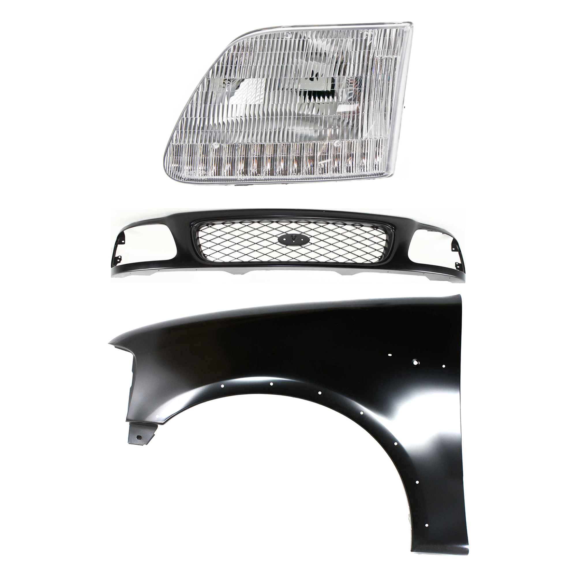 AM F 150 F 250-97-98 GRILLE Paintable Shell and Insert 3 pc Kit with Fender and Headlight SKU KIT 022423-83402 Partslink FO1200328 FO1240192 FO2502139 OEM F65Z8200AAN F85Z8200CAA 2L3Z16