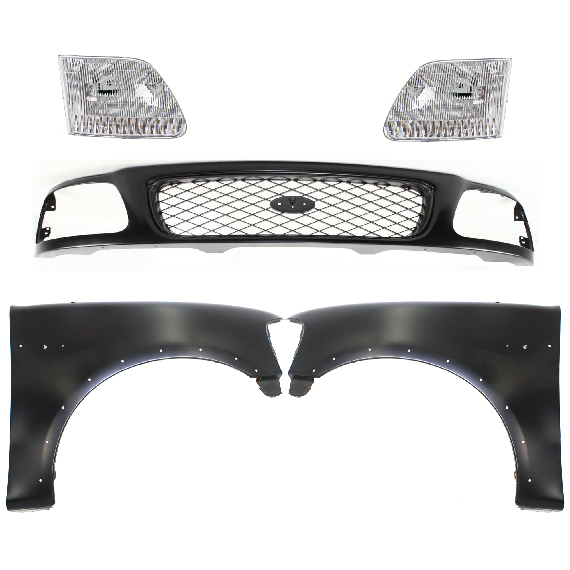 AM F 150 F 250-97-98 GRILLE Paintable Shell and Insert 5 pc Kit with Fenders and Headlights SKU KIT 022423-834 Partslink FO1200328 FO1240192 FO1241192 FO2503139 FO2502139 OEM F65Z8200AAN F85Z8200CAA 2L3Z16