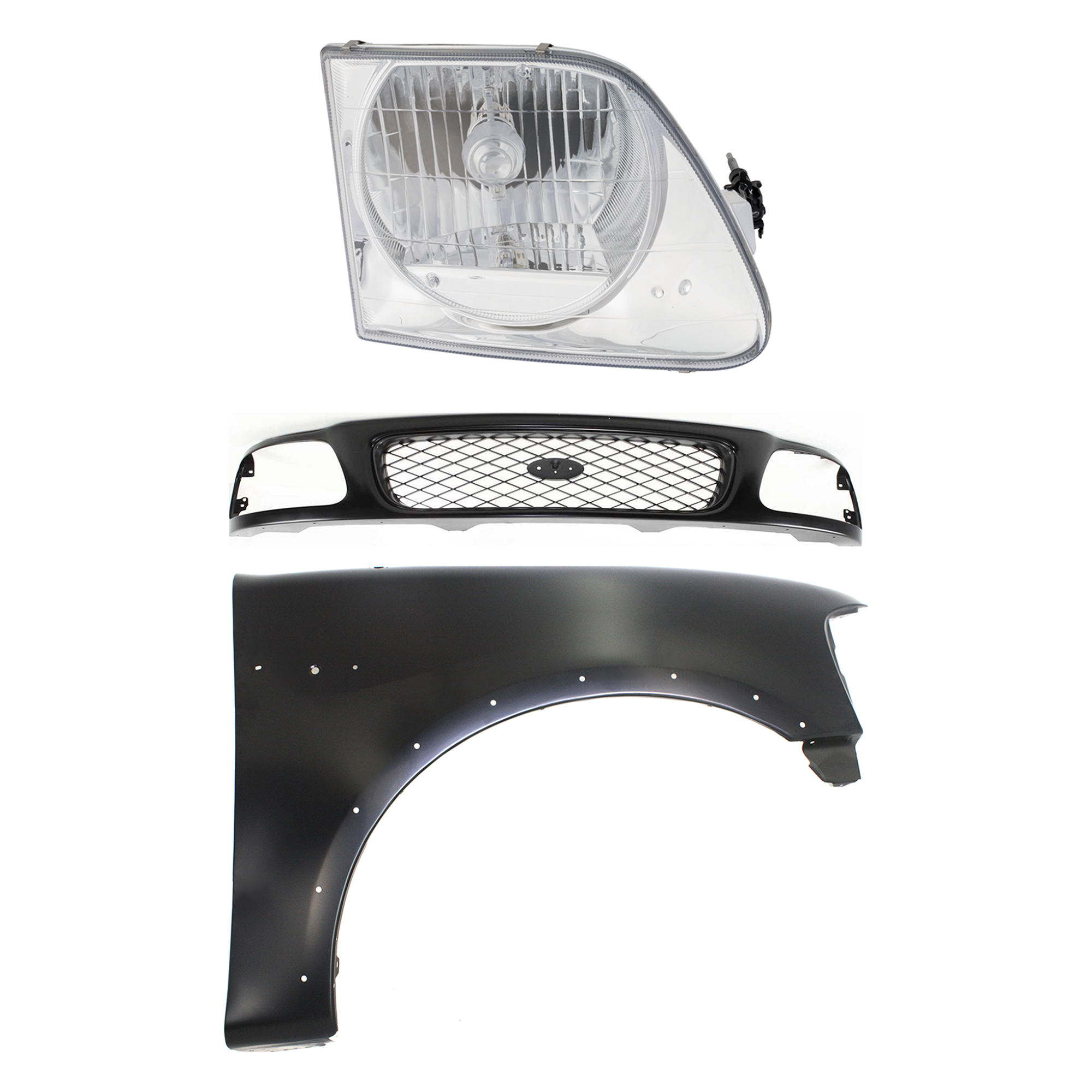 AM F 150 F 250-97-98 GRILLE Paintable Shell and Insert 3 pc Kit with Fender and Headlight SKU KIT 022423-83501 Partslink FO1200328 FO1241192 FO2503182 OEM F65Z8200AAN F85Z8200CAA 2L3Z16