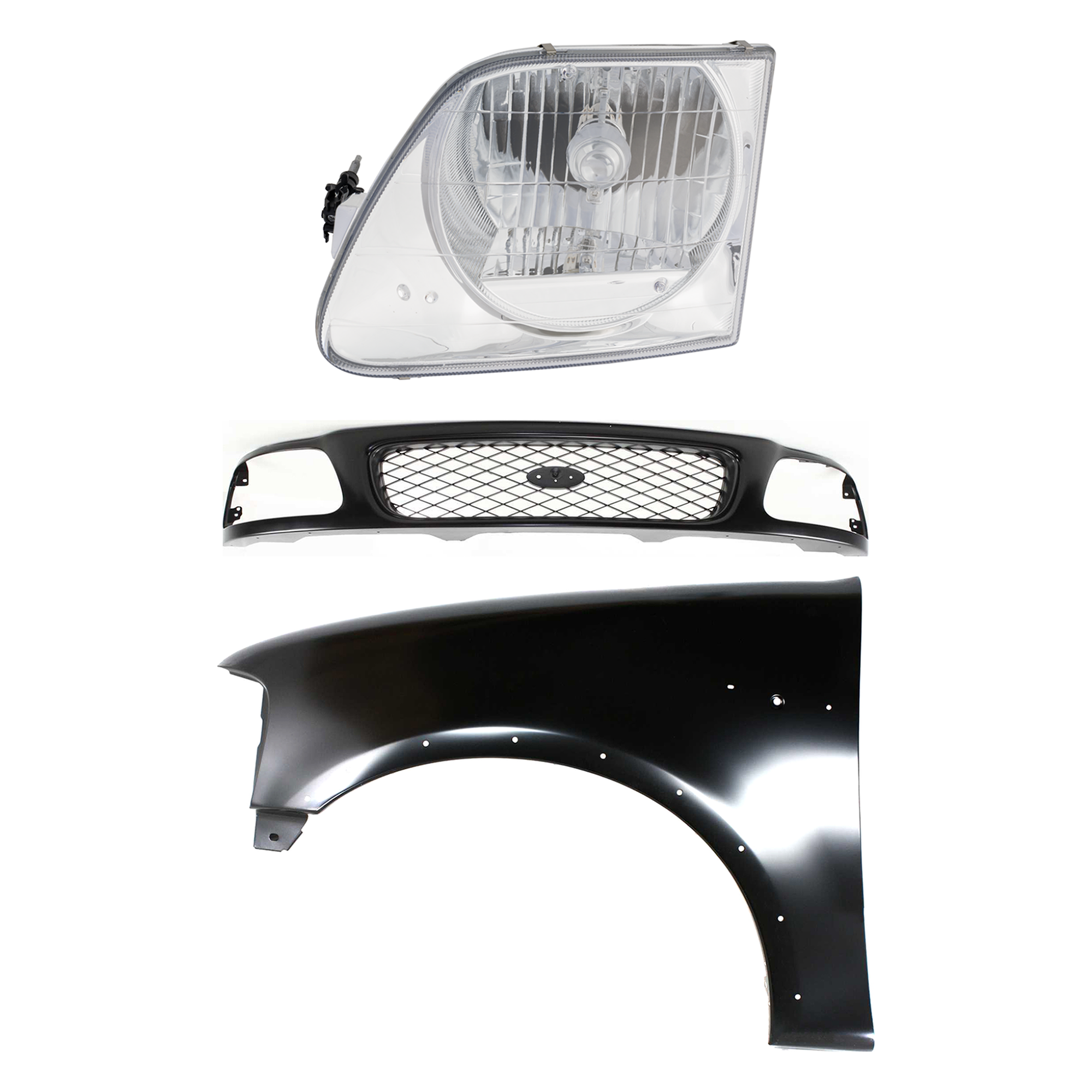 AM F 150 F 250-97-98 GRILLE Paintable Shell and Insert 3 pc Kit with Fender and Headlight SKU KIT 022423-83502 Partslink FO1200328 FO1240192 FO2502182 OEM F65Z8200AAN F85Z8200CAA 2L3Z16