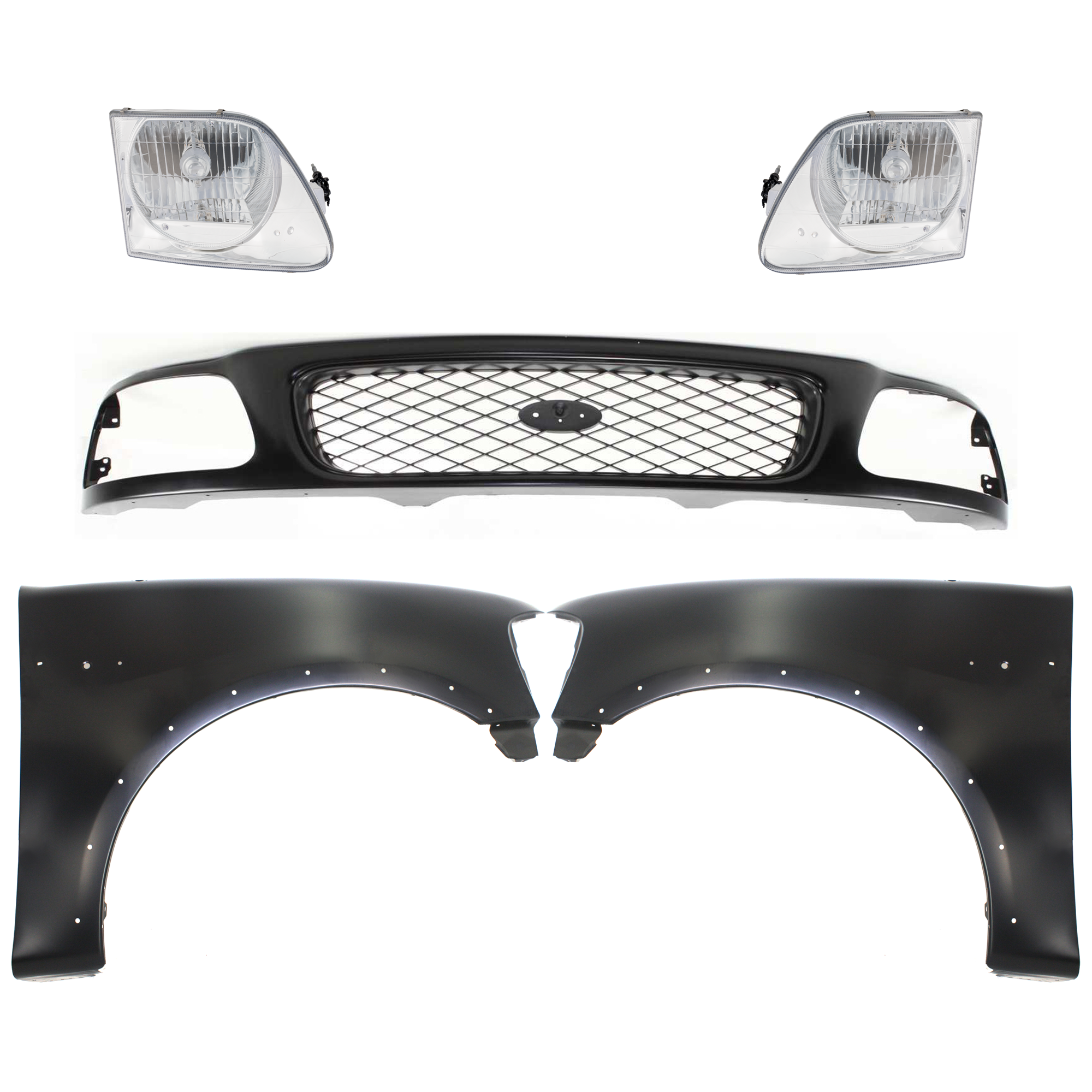 AM F 150 F 250-97-98 GRILLE Paintable Shell and Insert 5 pc Kit with Fenders and Headlights SKU KIT 022423-835 Partslink FO1200328 FO1240192 FO1241192 FO2503182 FO2502182 OEM F65Z8200AAN F85Z8200CAA 2L3Z16