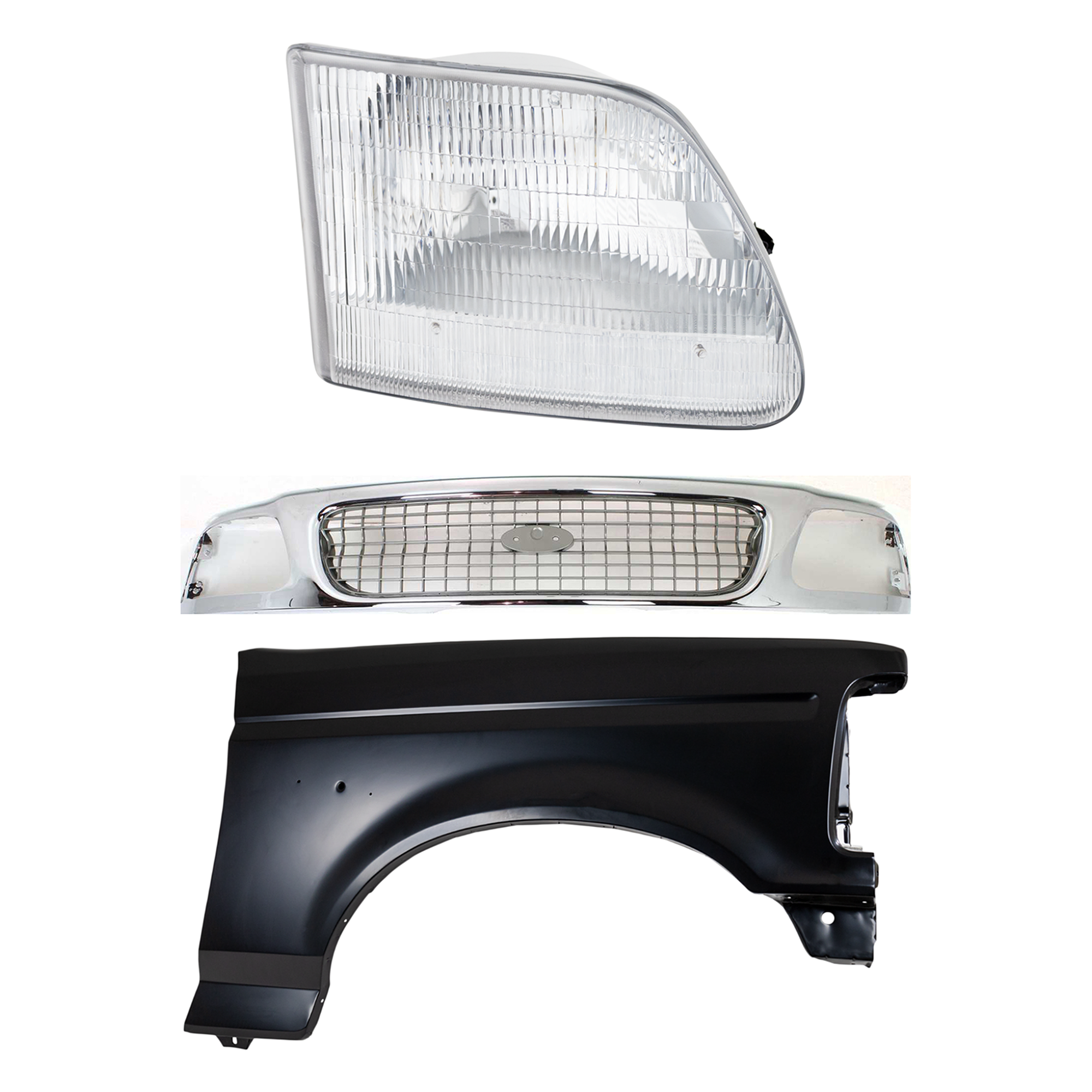AM F 150-97-97 FRONT FENDER RH Primed 3 pc Kit with Grille and Headlight SKU KIT 022423-83701 Partslink FO1241136 FO1200330 FO2503139 OEM F2TZ16005A F85Z8200EAA 3L3Z130