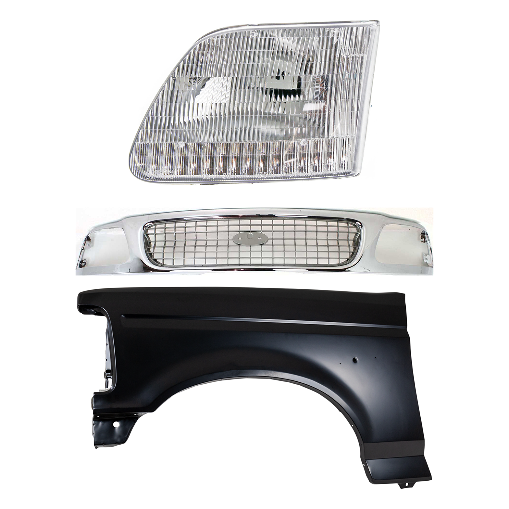 AM F 150 F 250-97-97 FRONT FENDER LH Primed 3 pc Kit with Grille and Headlight SKU KIT 022423-83702 Partslink FO1240138 FO1200330 FO2502139 OEM F4TZ16006A F85Z8200EAA 3L3Z130