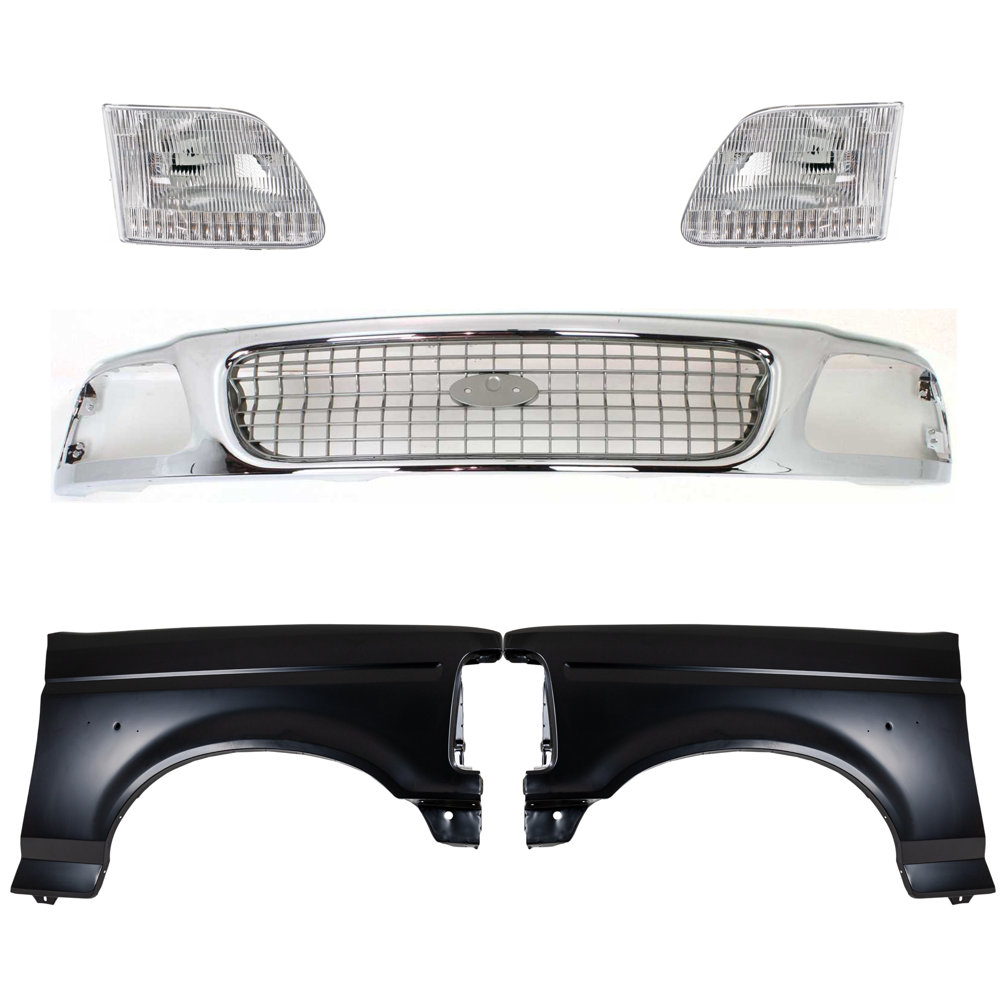 AM F 150-97-97 FRONT FENDER RH AND LH Primed 5 pc Kit with Grille and Headlights SKU KIT 022423-837 Partslink FO1240138 FO1241136 FO1200330 FO2503139 FO2502139 OEM F2TZ16005A F4TZ16006A F85Z8200