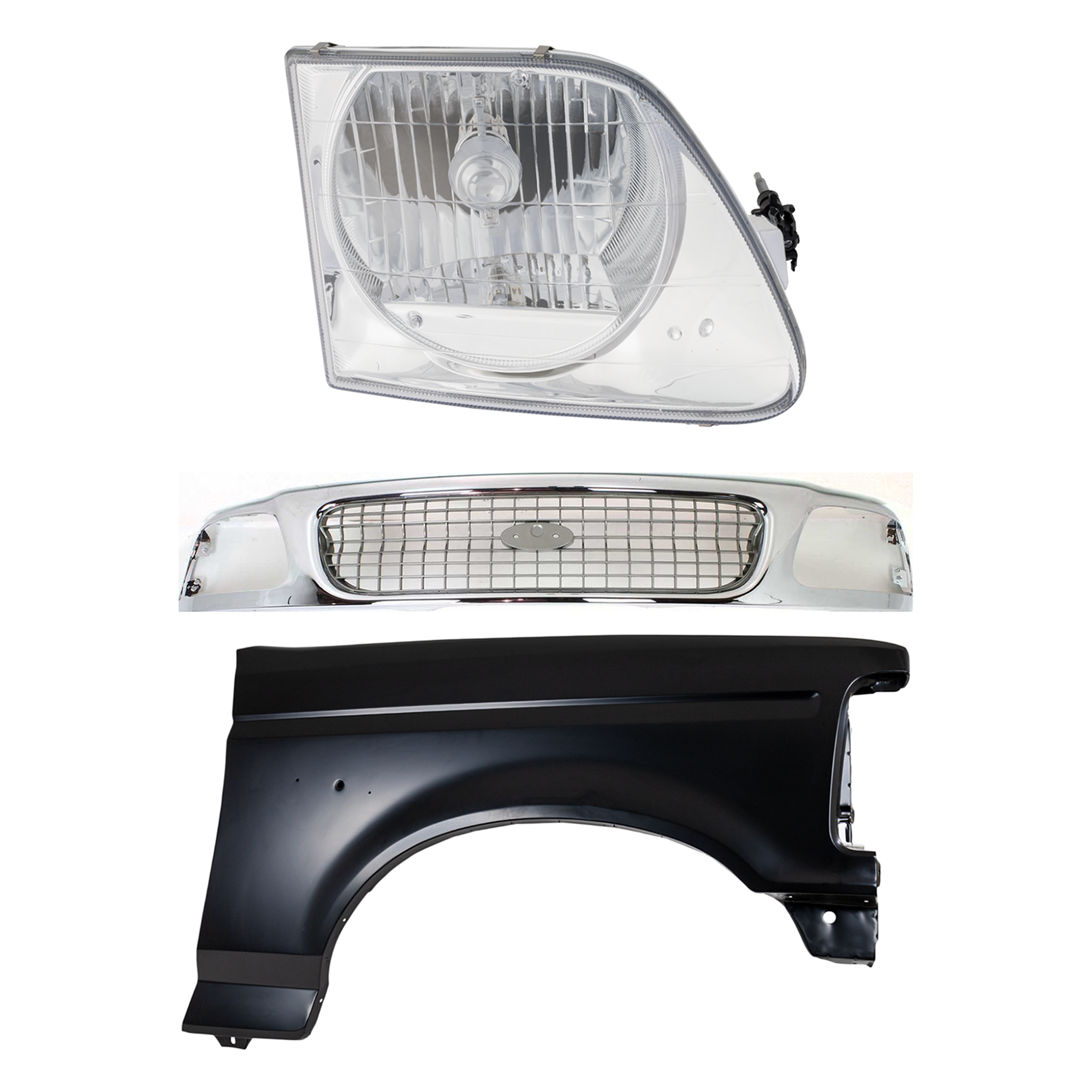 AM F 150-97-97 FRONT FENDER RH Primed 3 pc Kit with Grille and Headlight SKU KIT 022423-83801 Partslink FO1241136 FO1200330 FO2503182 OEM F2TZ16005A F85Z8200EAA 3L3Z130