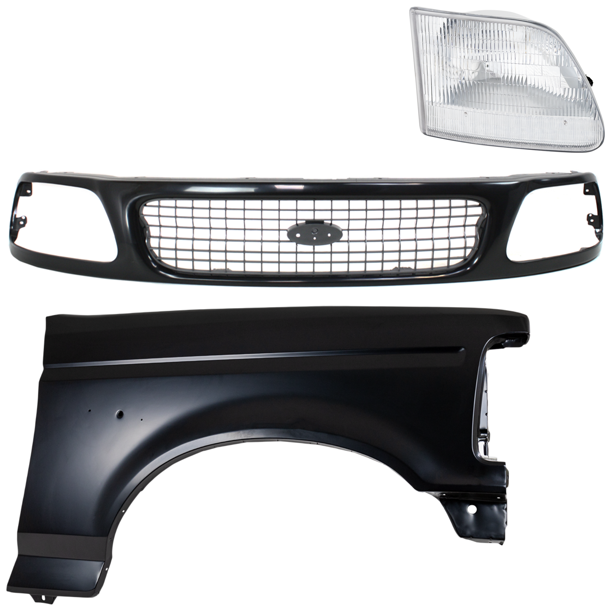 AM F 150 F 250-97-97 FRONT FENDER RH Primed 3 pc Kit with Grille and Headlight SKU KIT 022423-84601 Partslink FO1241136 FO1200386 FO2503139 OEM F2TZ16005A F85Z8200FPTM 3L3Z13