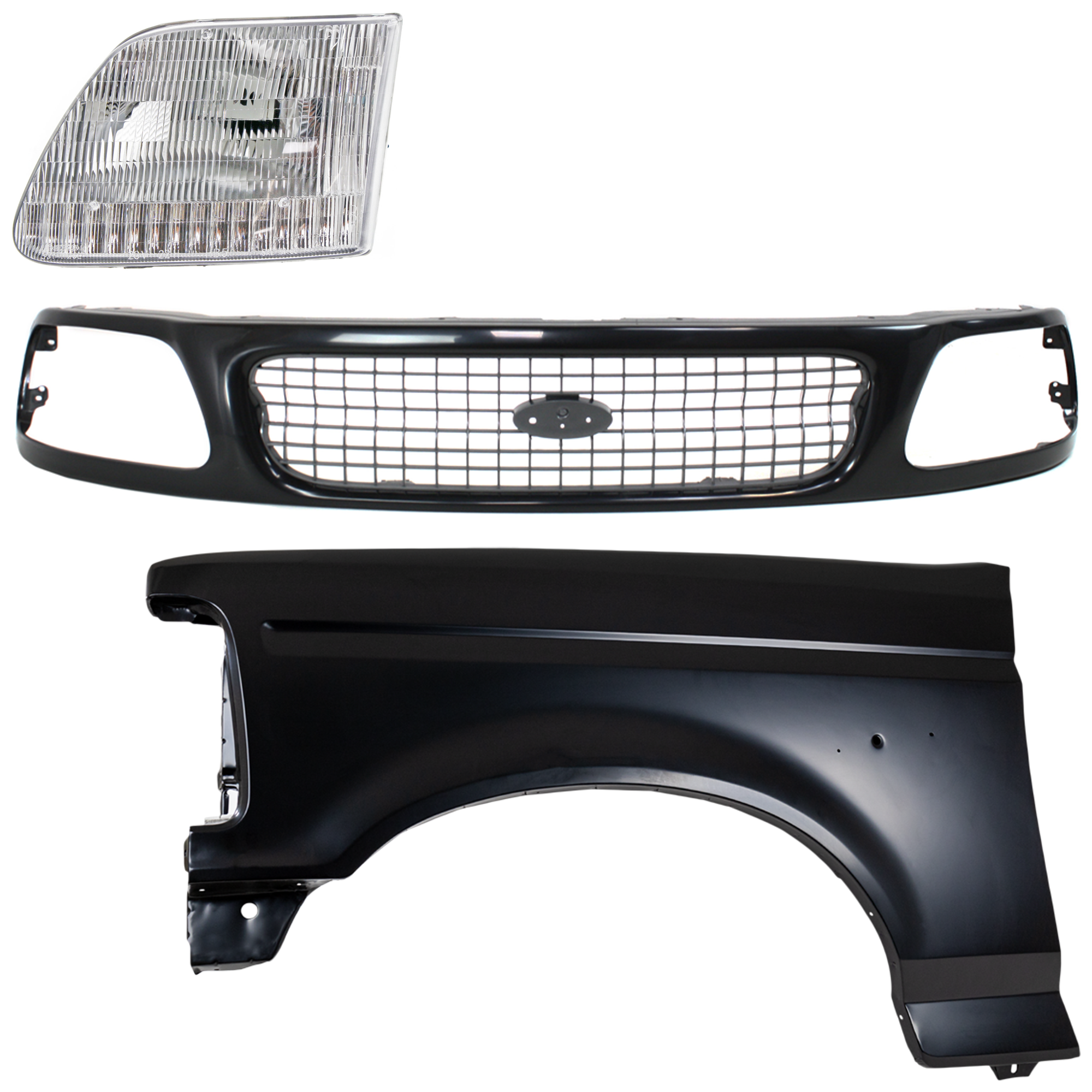 AM F 150 F 250-97-97 FRONT FENDER LH Primed 3 pc Kit with Grille and Headlight SKU KIT 022423-84602 Partslink FO1240138 FO1200386 FO2502139 OEM F4TZ16006A F85Z8200FPTM 3L3Z13
