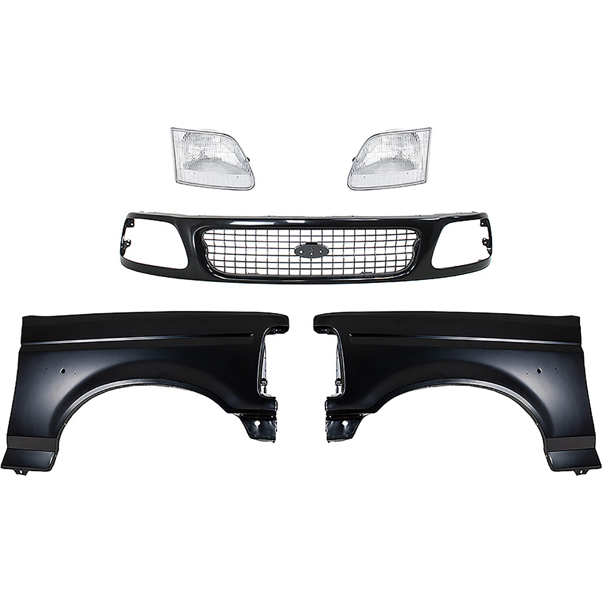 AM F 150 F 250-97-97 FRONT FENDER RH AND LH Primed 5 pc Kit with Grille and Headlights SKU KIT 022423-846 Partslink FO1240138 FO1241136 FO1200386 FO2503139 FO2502139 OEM F2TZ16005A F4TZ16006A F85Z8200