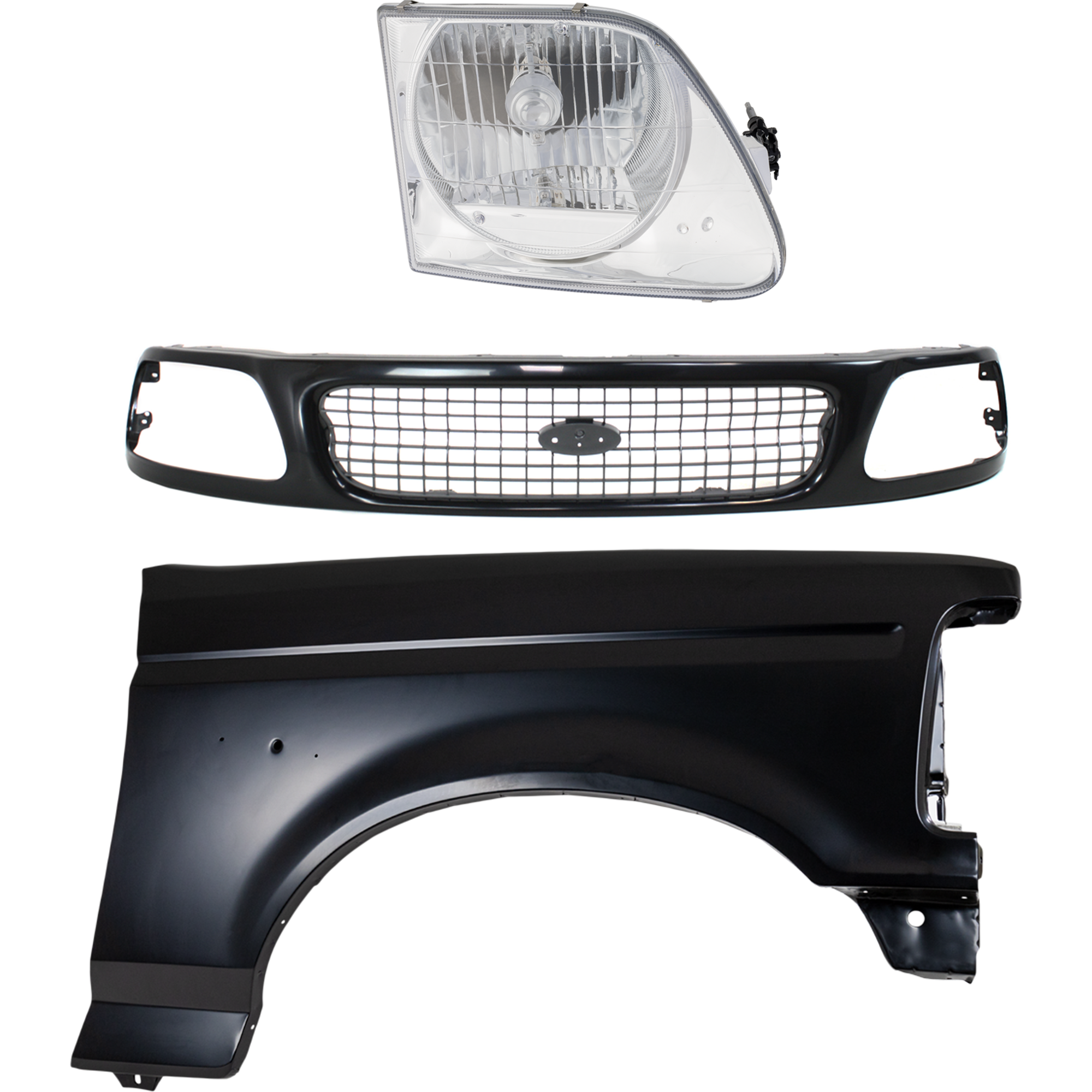 AM F 150 F 250-97-97 FRONT FENDER RH Primed 3 pc Kit with Grille and Headlight SKU KIT 022423-84701 Partslink FO1241136 FO1200386 FO2503182 OEM F2TZ16005A F85Z8200FPTM 3L3Z13