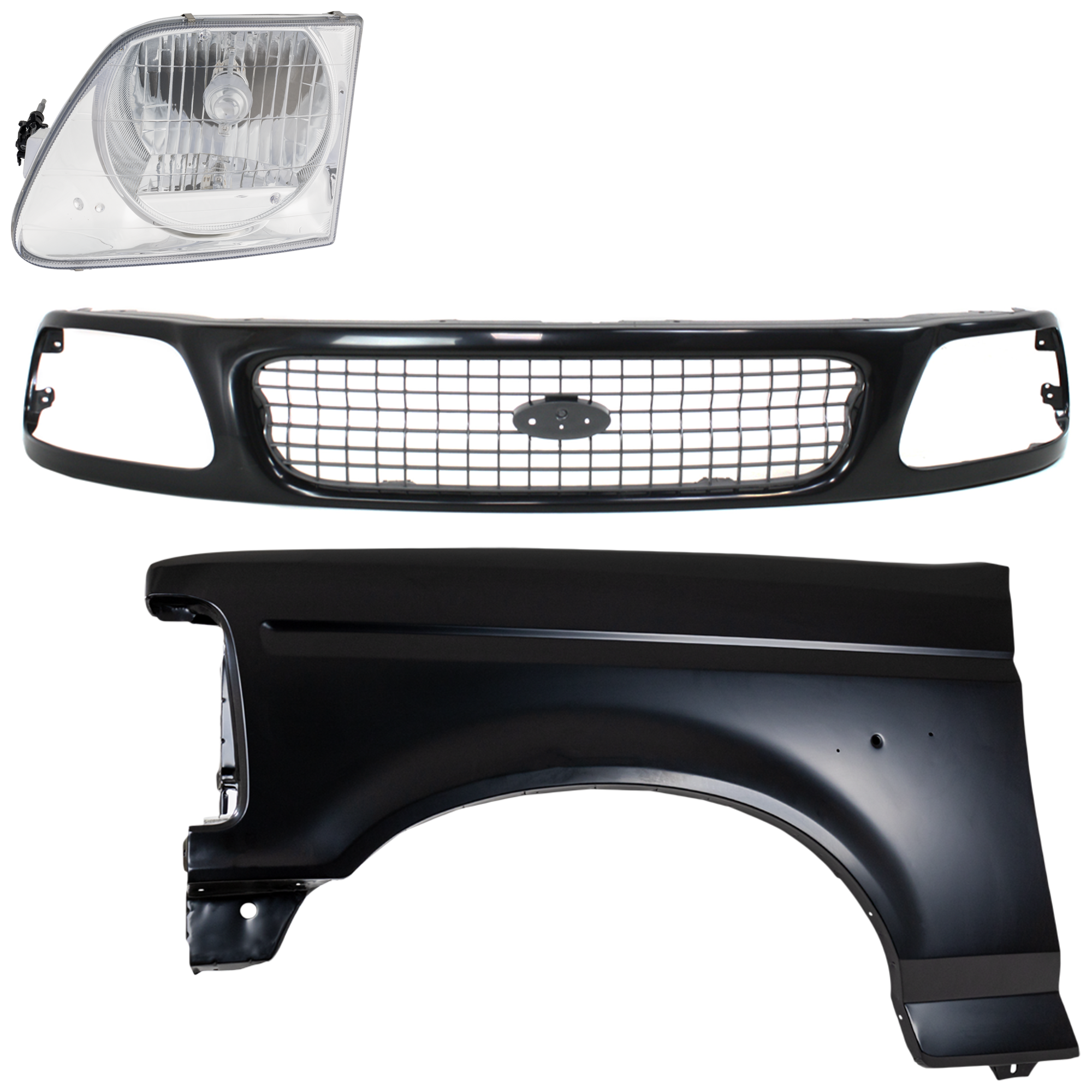 AM F 150 F 250-97-97 FRONT FENDER LH Primed 3 pc Kit with Grille and Headlight SKU KIT 022423-84702 Partslink FO1240138 FO1200386 FO2502182 OEM F4TZ16006A F85Z8200FPTM 3L3Z13