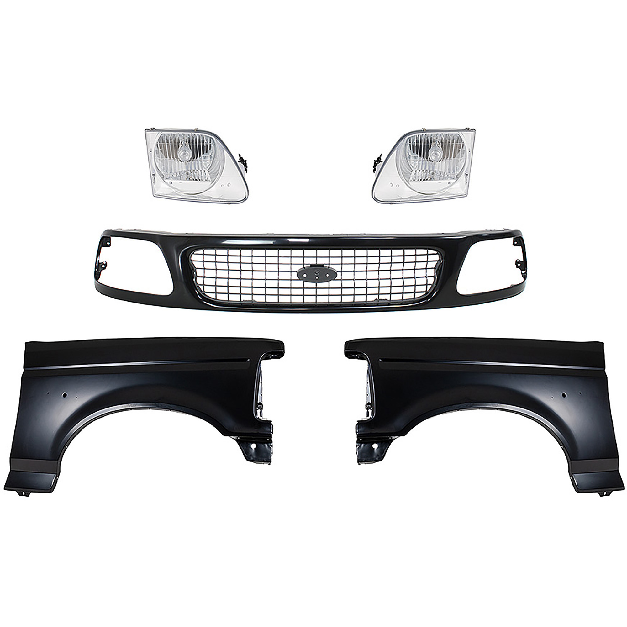 AM F 150 F 250-97-97 FRONT FENDER RH AND LH Primed 5 pc Kit with Grille and Headlights SKU KIT 022423-847 Partslink FO1240138 FO1241136 FO1200386 FO2503182 FO2502182 OEM F2TZ16005A F4TZ16006A F85Z8200