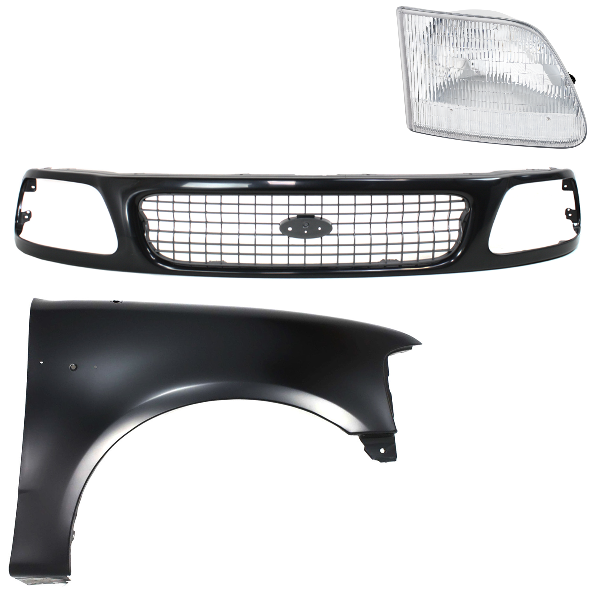 AM EXPEDITION F 150 F 250-97-98 GRILLE Painted Black Shell with Chrome Insert 3 pc Kit with Fender and Headlight SKU KIT 022423-84901 Partslink FO1200386 FO1241191 FO2503139 OEM F85Z8200FPTM 2L3Z16005BA 3L3Z1
