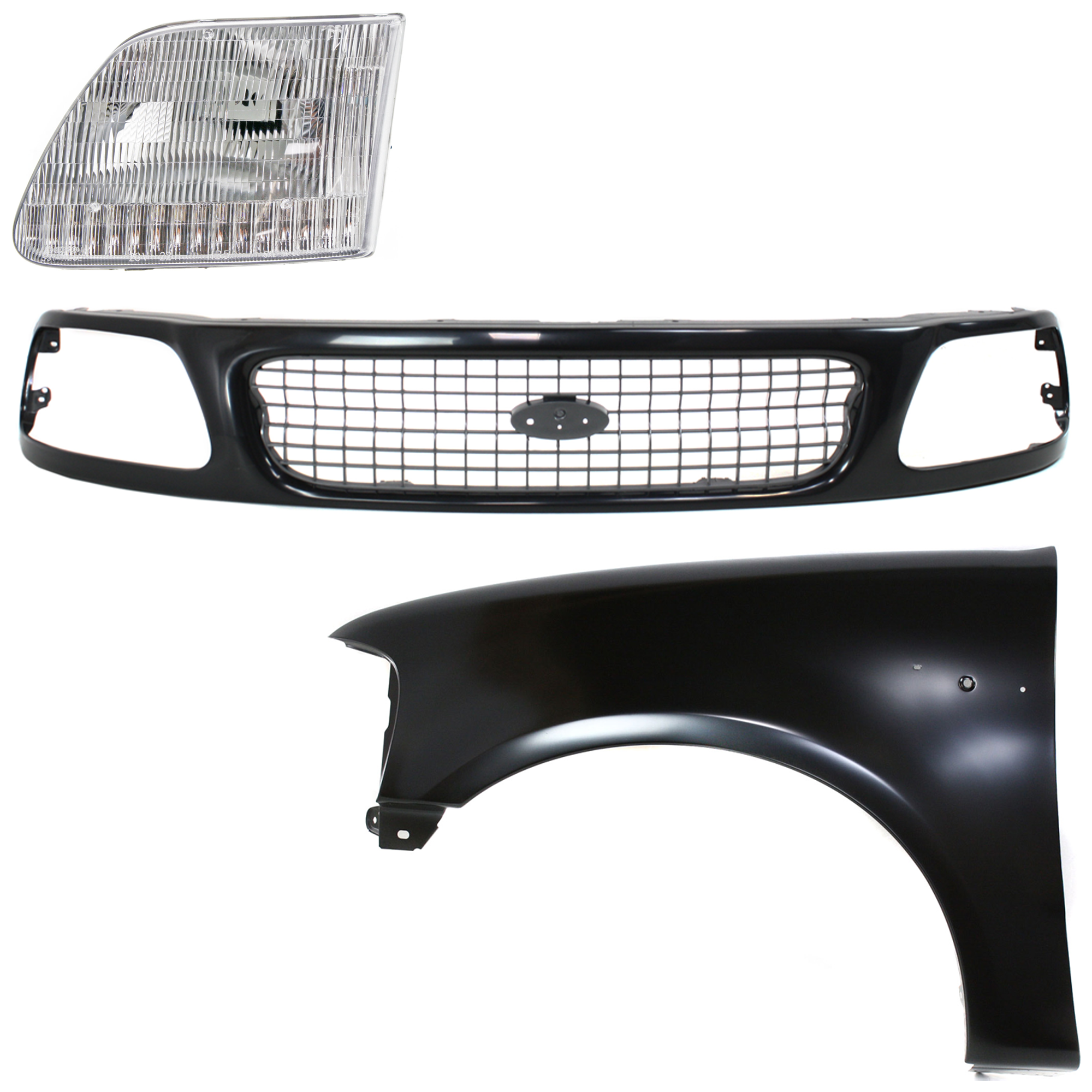 AM EXPEDITION F 150 F 250-97-98 FRONT FENDER LH Primed 3 pc Kit with Grille and Headlight SKU KIT 022423-84902 Partslink FO1240191 FO1200386 FO2502139 OEM 2L3Z16006BA F85Z8200FPTM 3L3Z1