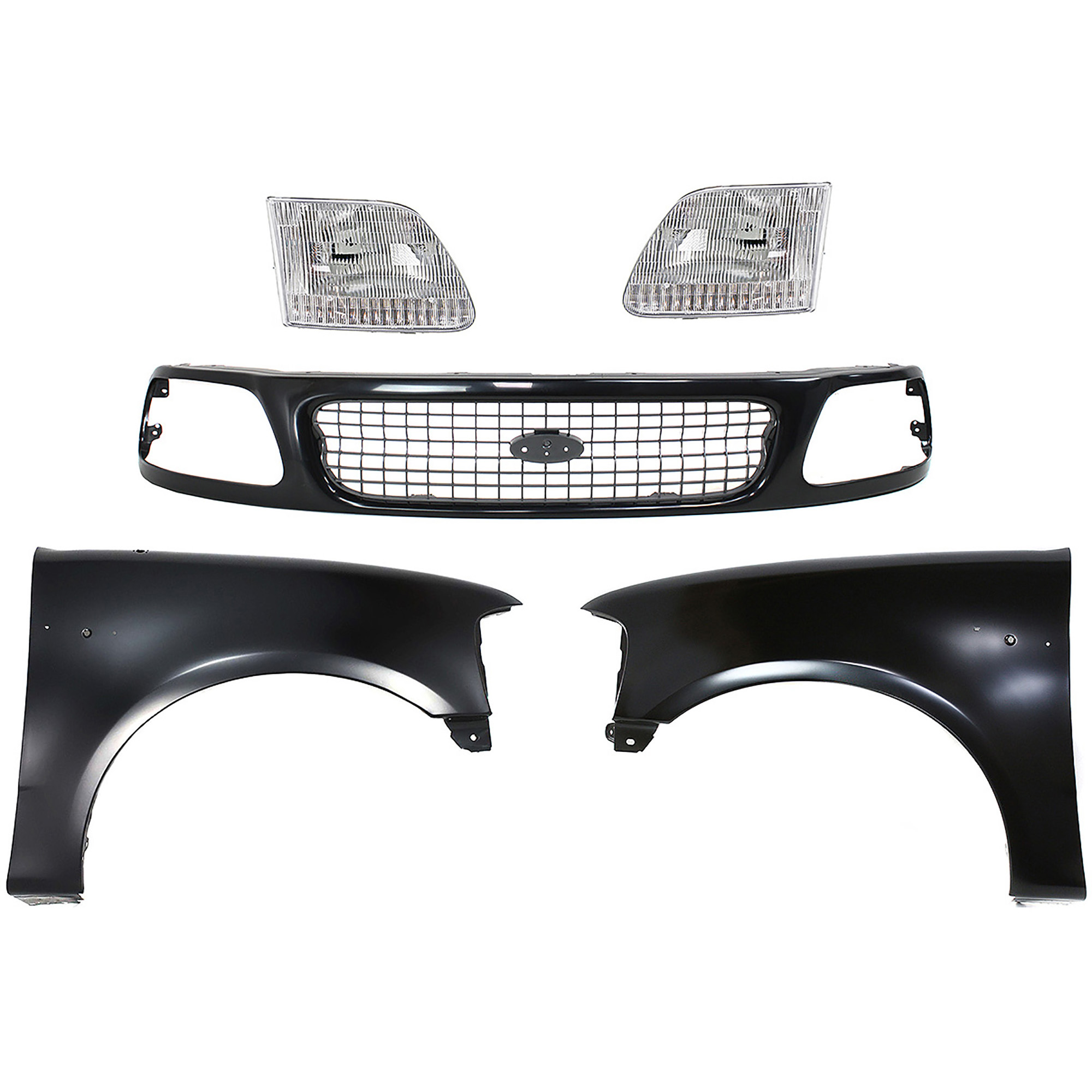 AM EXPEDITION F 150 F 250-97-98 FRONT FENDER RH AND LH Primed 5 pc Kit with Grille and Headlights SKU KIT 022423-849 Partslink FO1240191 FO1241191 FO1200386 FO2503139 FO2502139 OEM 2L3Z16006BA 2L3Z16005BA F85Z82
